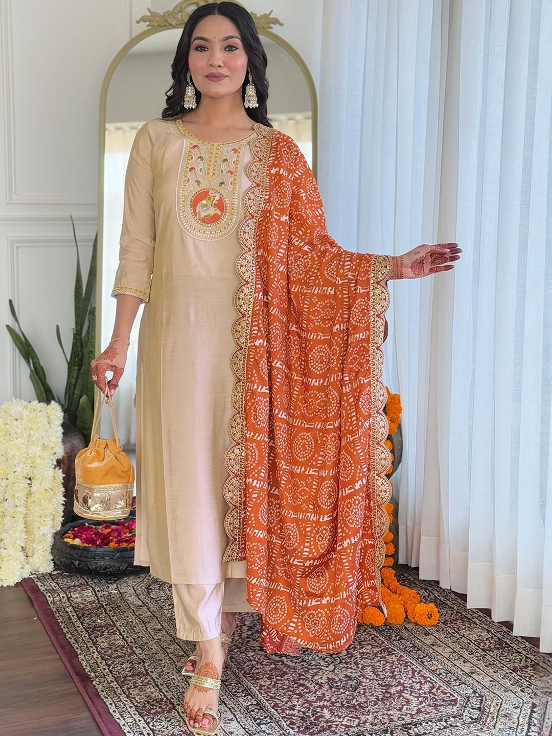 CaniBani Beige Chanderi Silk Kurta Sets