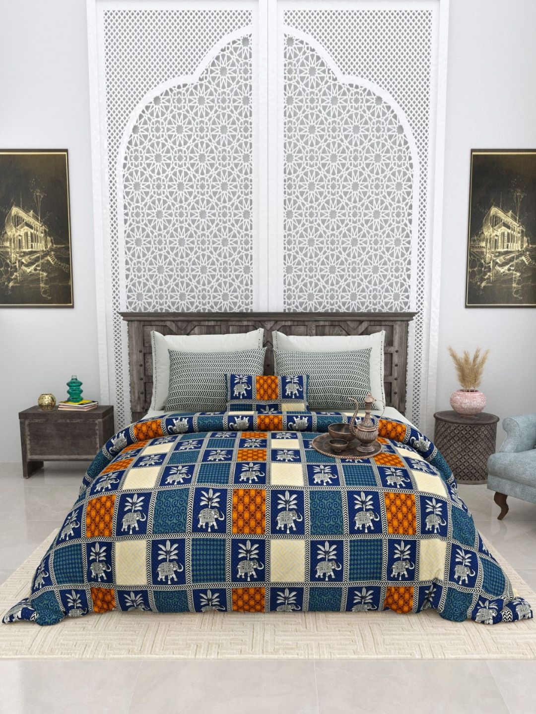 Aura Blue Ethnic Motifs 180 TC King Bedsheet with 2 Pillow Covers-picture-27