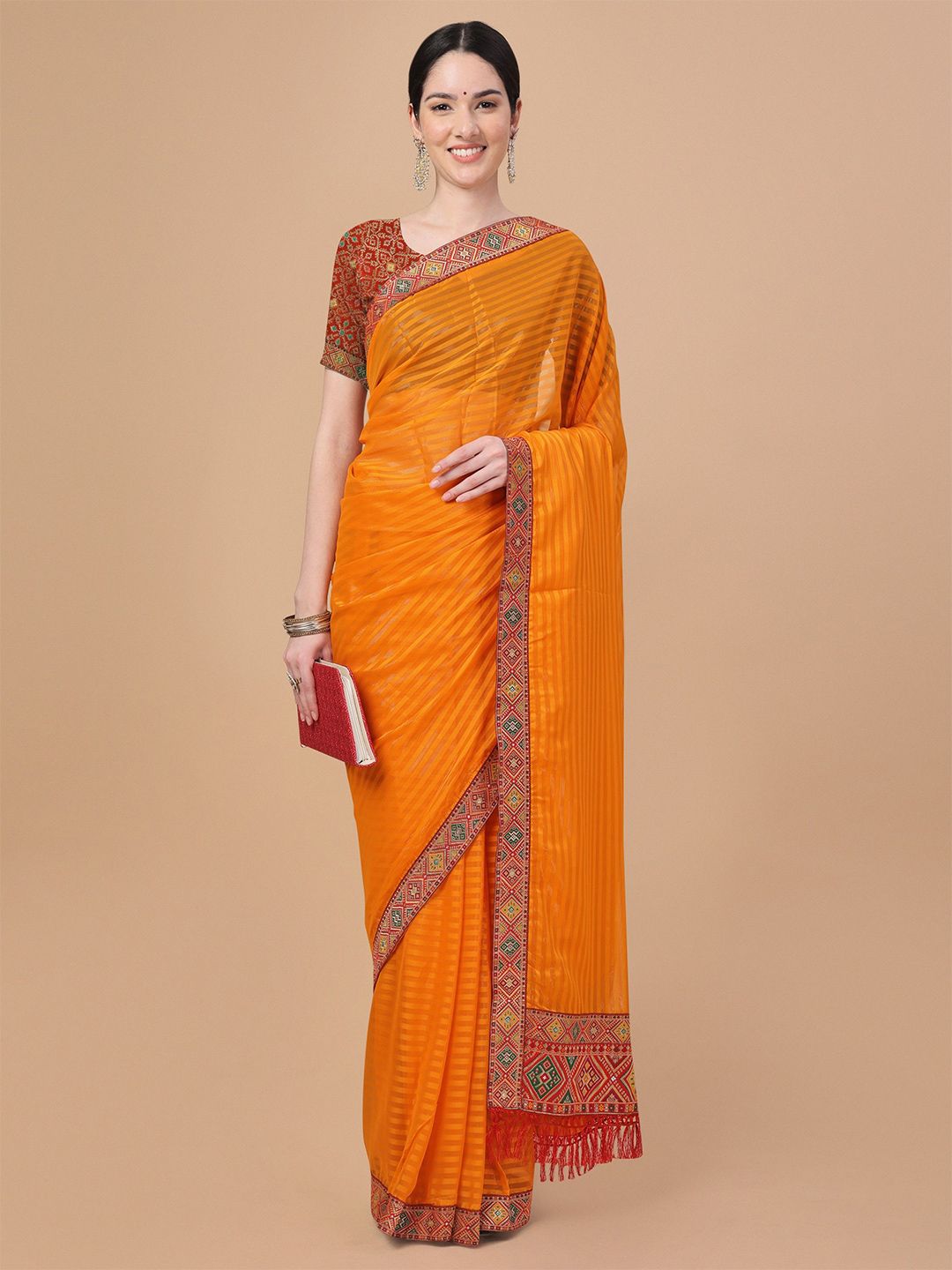 HERE&NOW Striped Embroidered Saree with Blouse Piece-picture-31