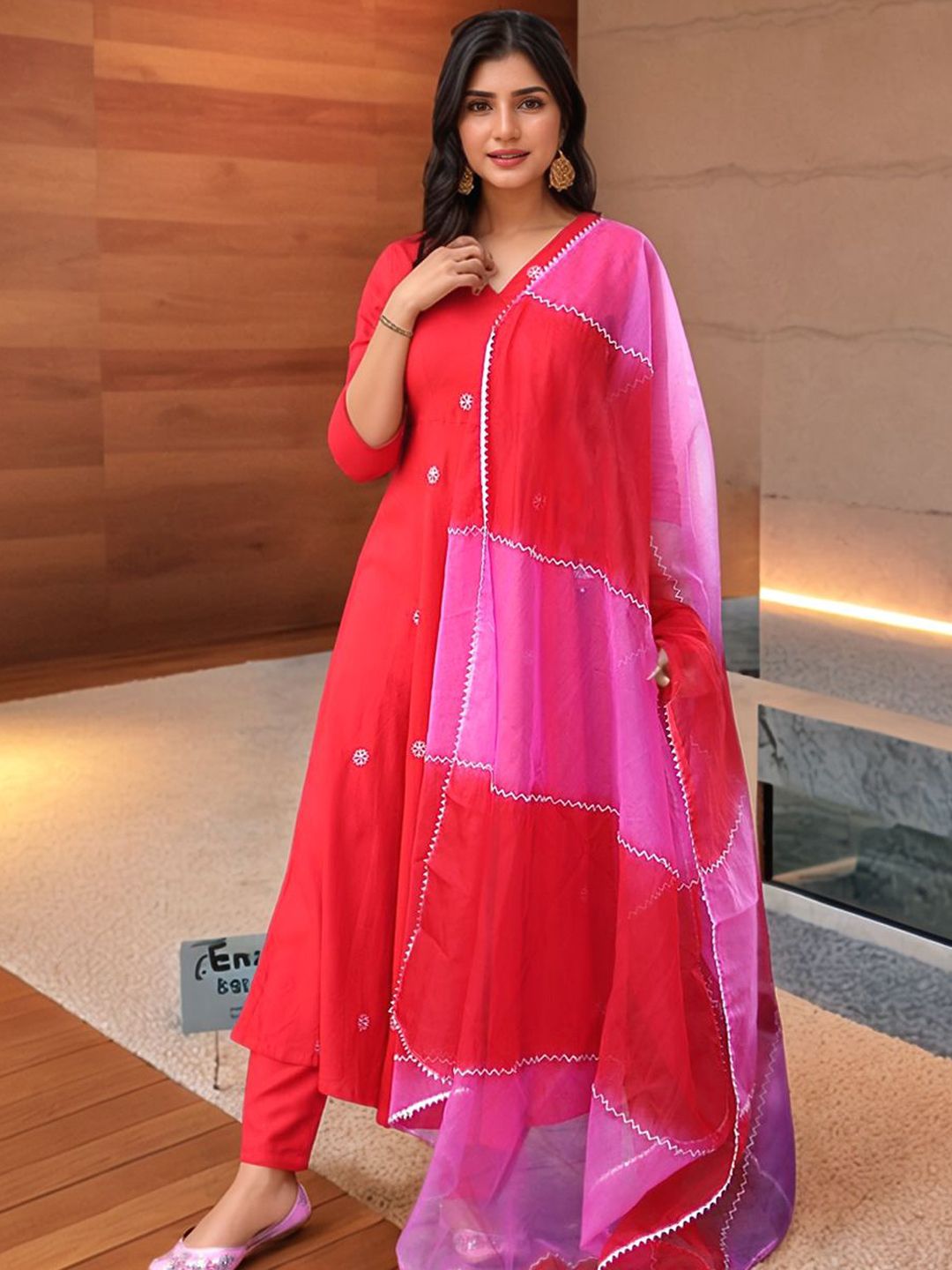 GoSriKi Floral Embroidered V-Neck Anarkali Kurta With Trouser & Dupatta