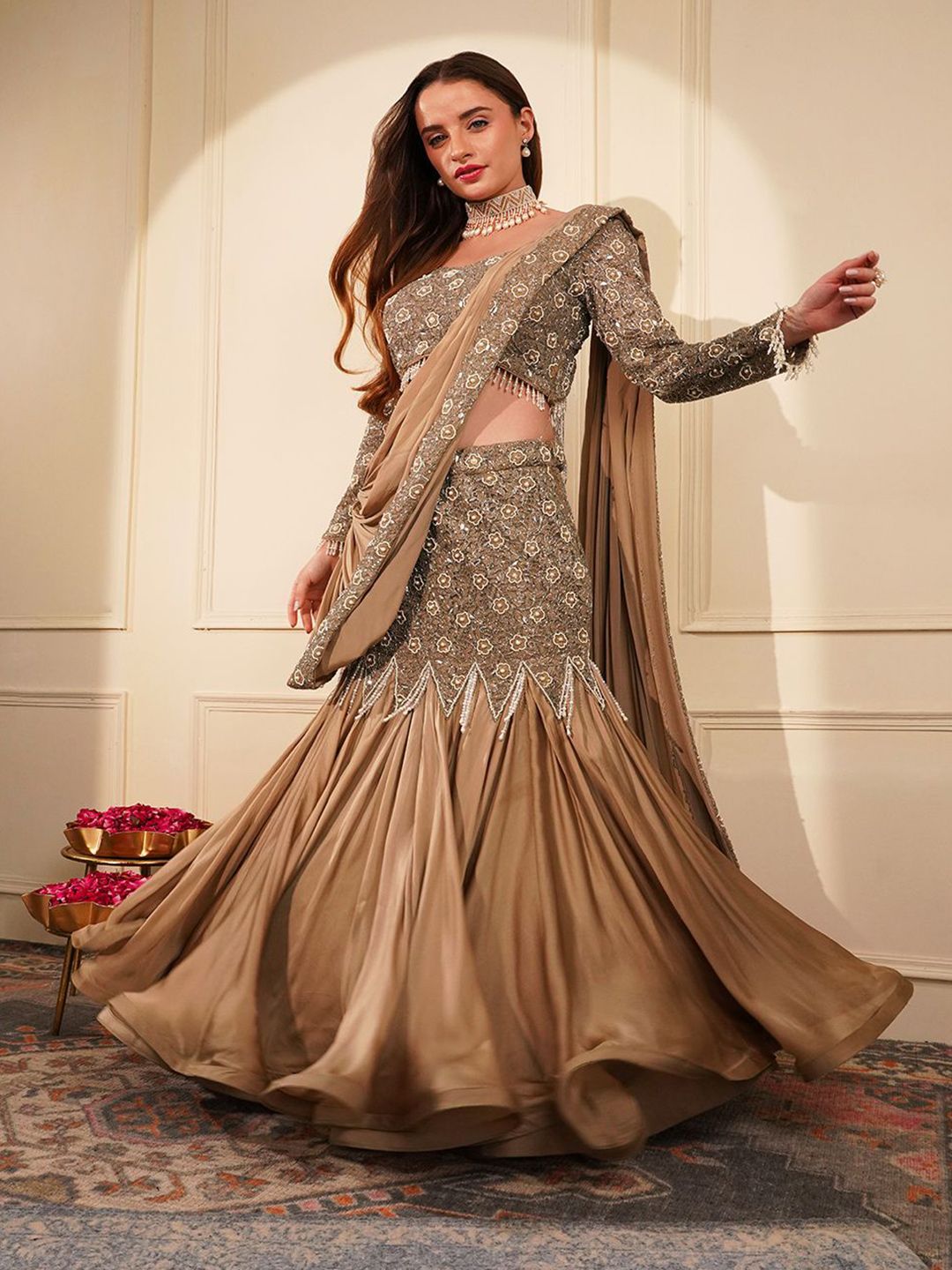 MILU MADAN Embellished Beads and Stones Organza Lehenga Saree-image-27
