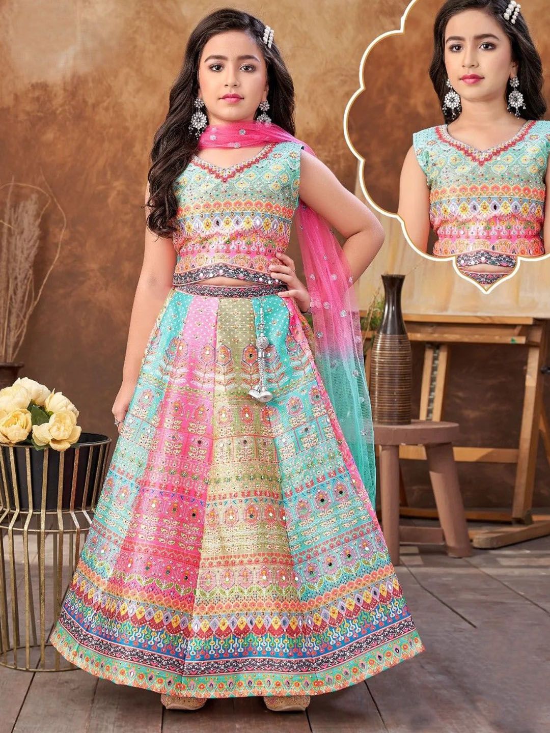 BAESD Girls Printed Mirror Work Tie and Dye Ready to Wear Lehenga & Blouse With Dupatta-image-38