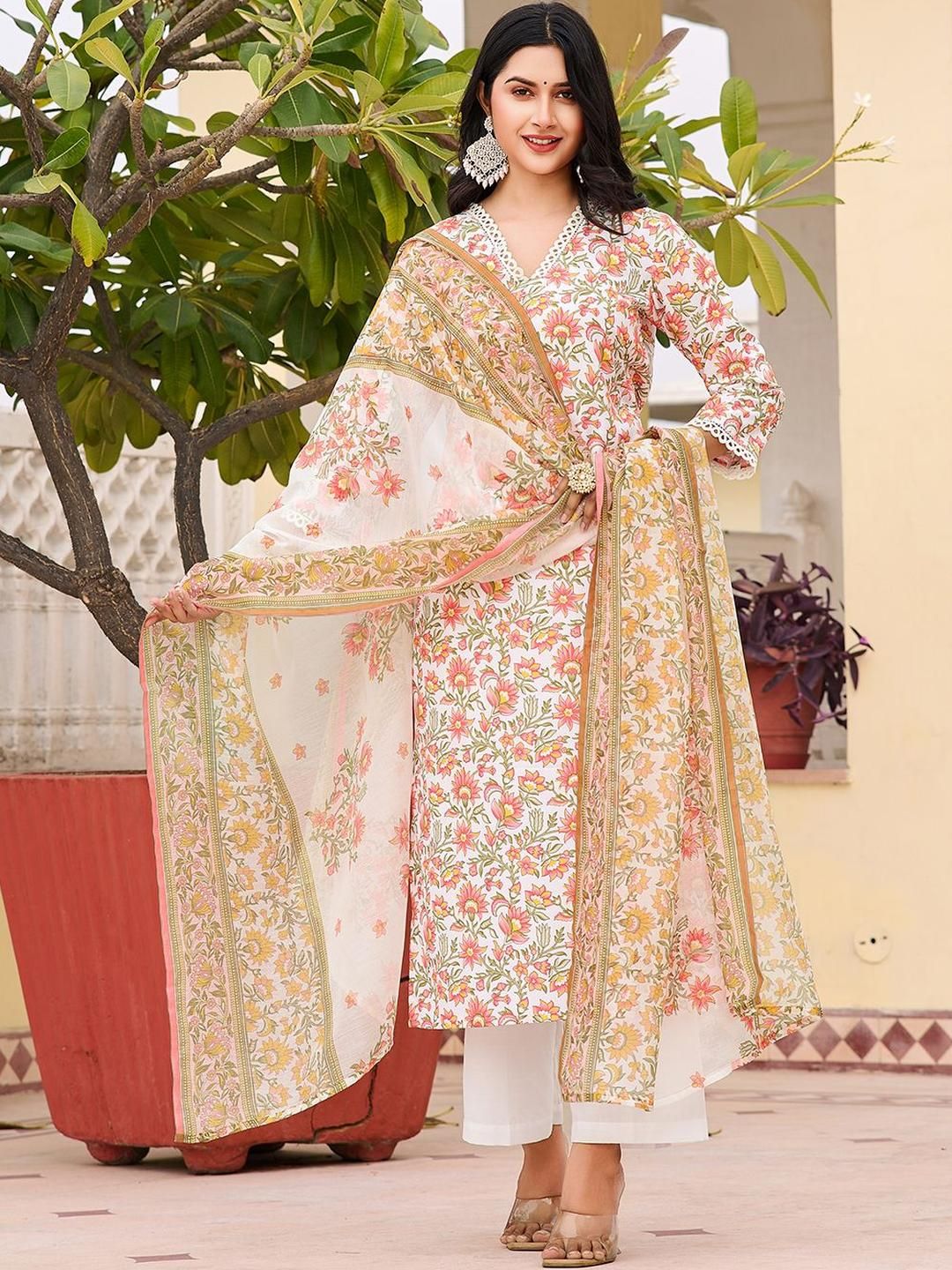 Women Floral printed v_neck silk Kurta with trouser And Dupatta