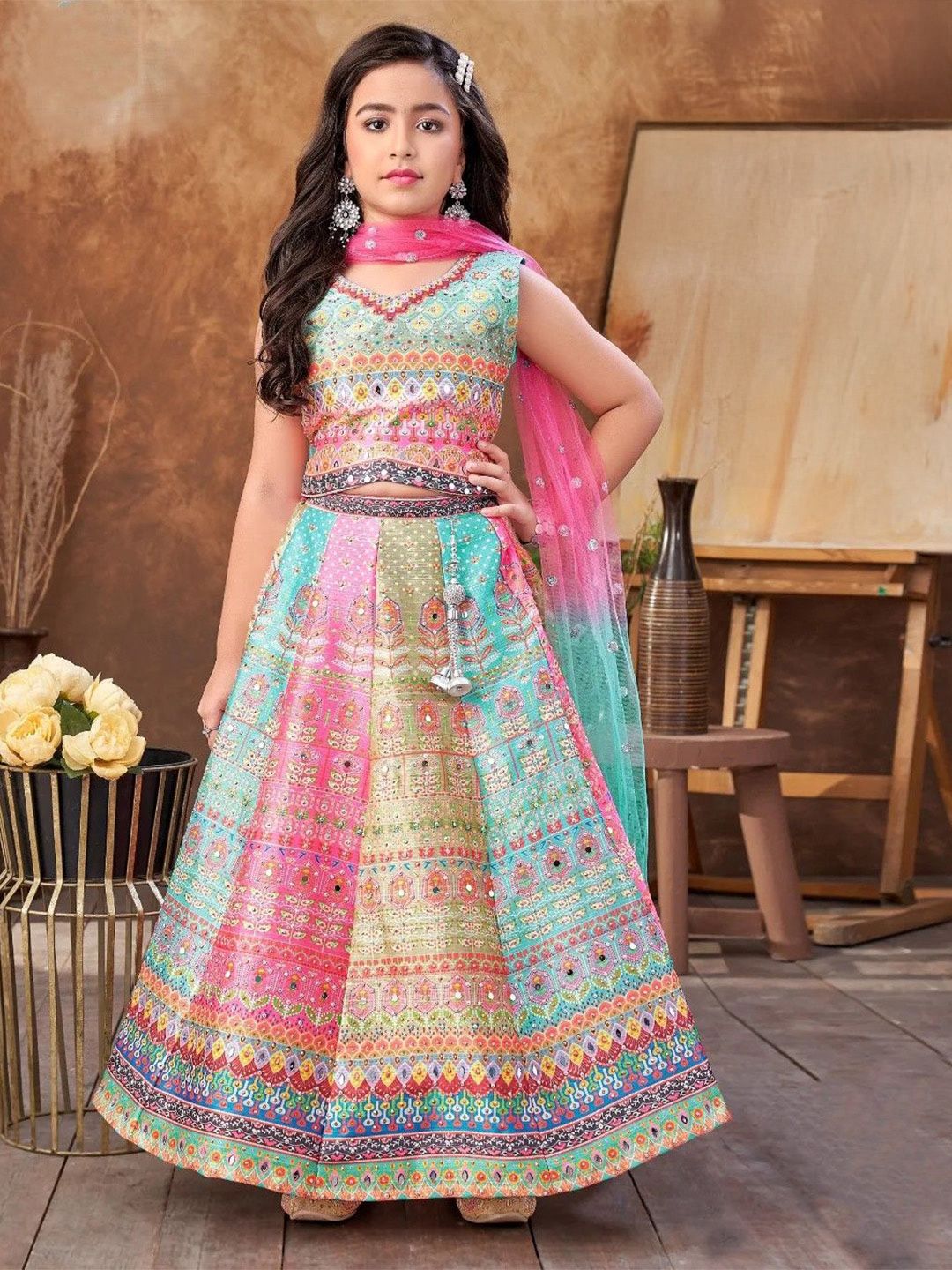 BAESD Girls Printed Mirror Work Tie and Dye Ready to Wear Lehenga & Blouse With Dupatta-picture-38