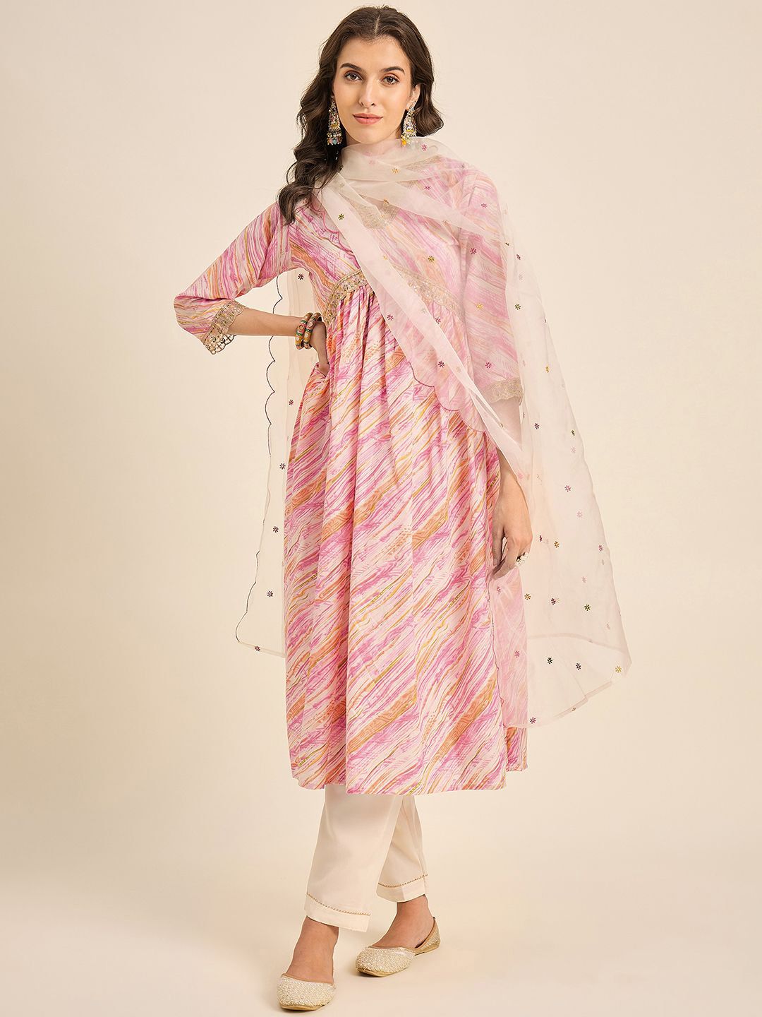 Anouk Rustic Women Leheriya Embroidered Pleated Sequinned Kurta with Trousers & Dupatta