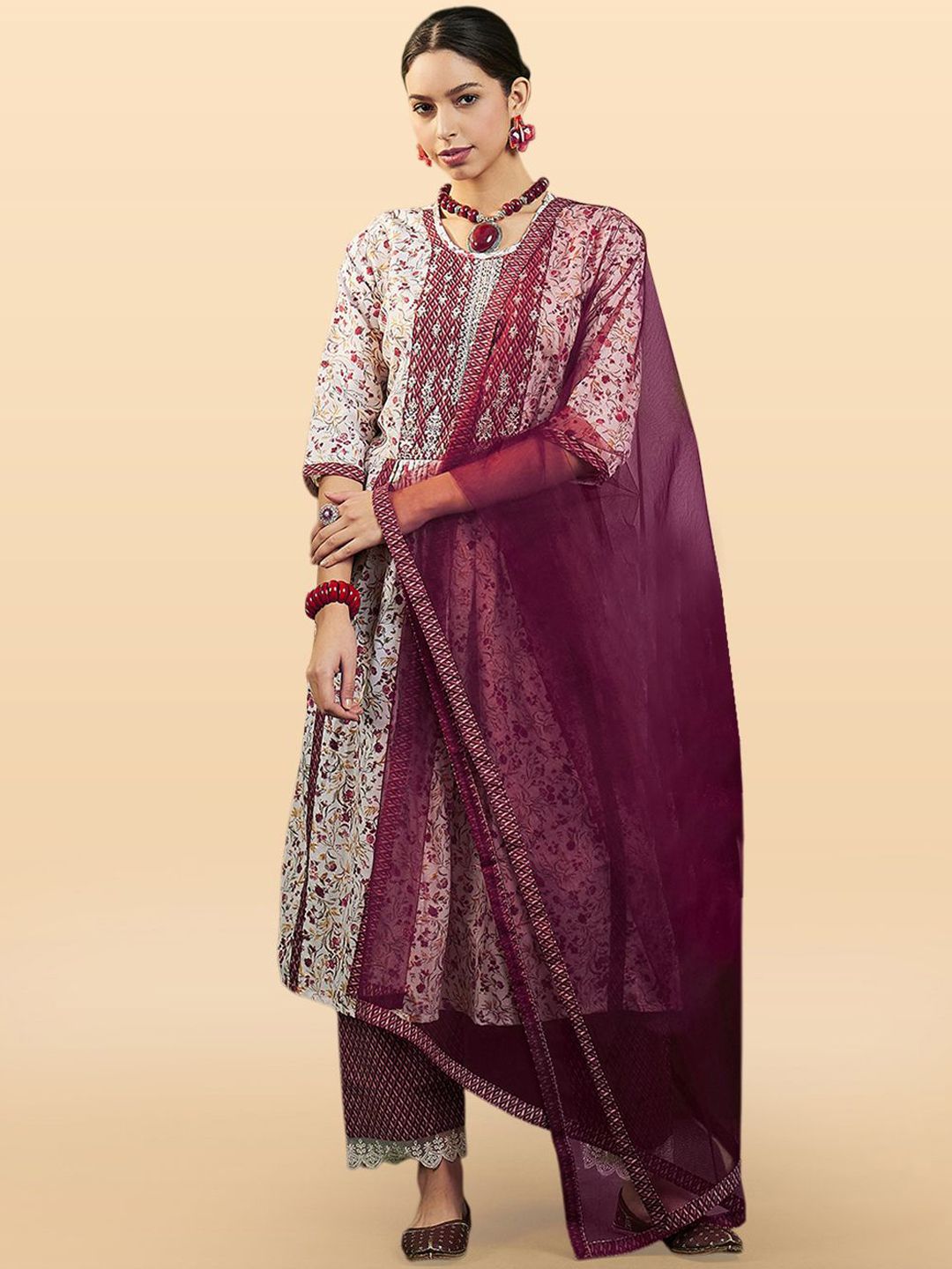 Anouk Rustic Floral Printed Thread Work Cotton A-Line Kurta & Trousers With Dupatta