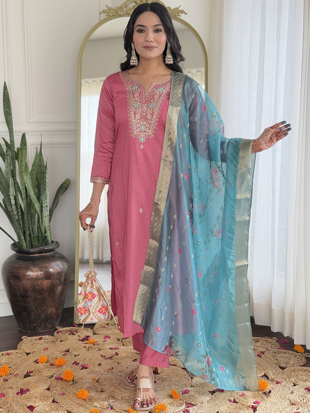 THE52 Women Floral Embroidered Kurta with Trousers & Dupatta