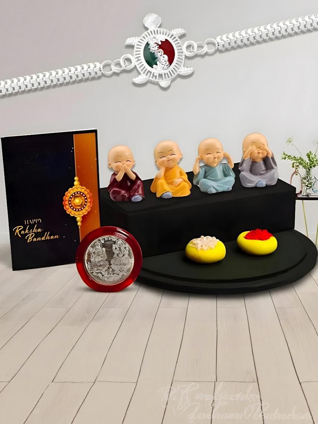 Silver Plated Rakhi with Baby Buddha, Silver Coin & Greeting Card for Brother-image-10