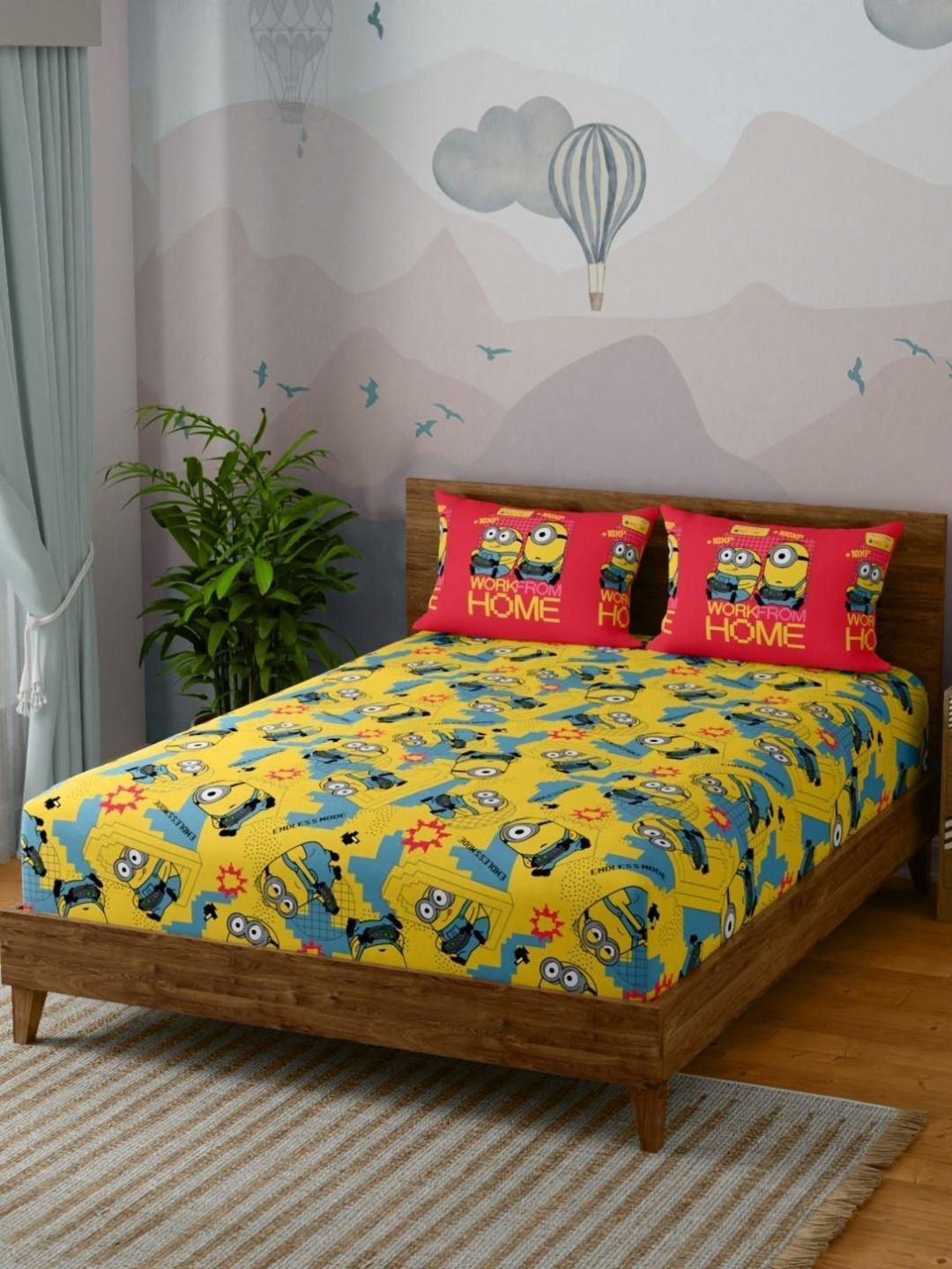 STELLAR HOME Minions Yellow & Red Cartoon Printed 144TC Queen Bedsheet Set 2.24 m x 2.54 m-picture-7
