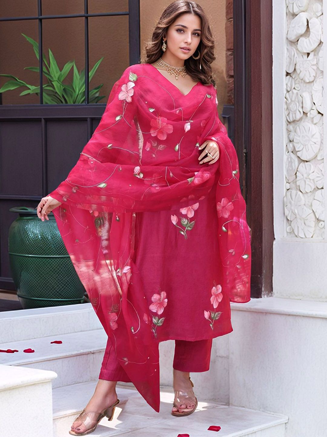 V neck floral printed orange shade kurta pant dupatta set