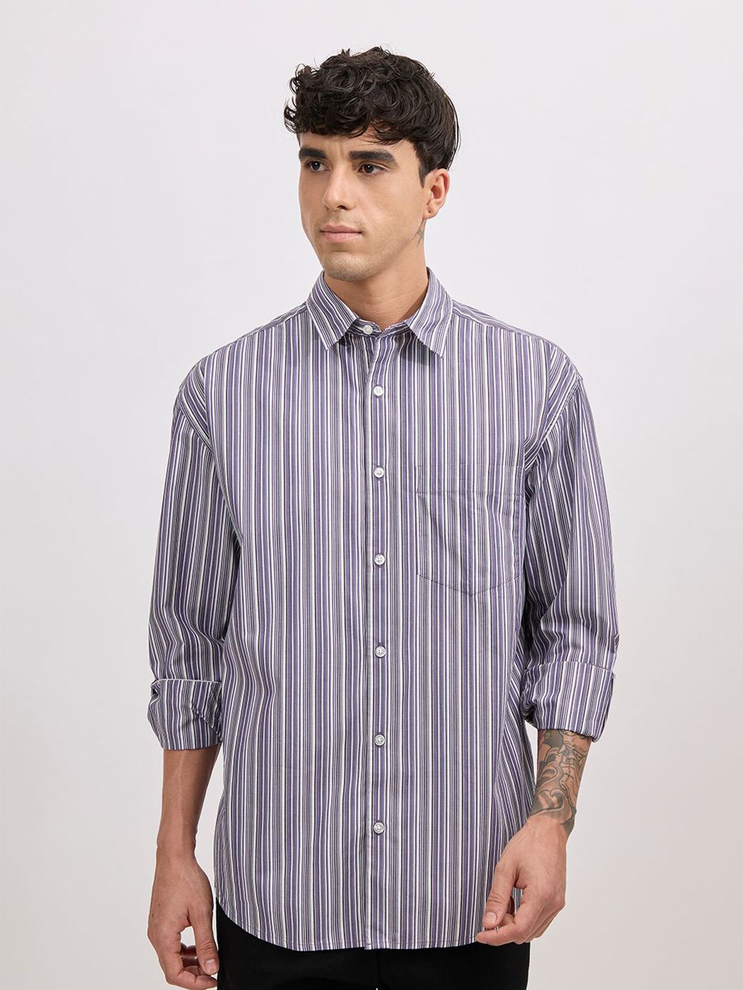 Espanshe Men Striped Spread Collar Pure Cotton Oversized Casual Shirt-picture-34