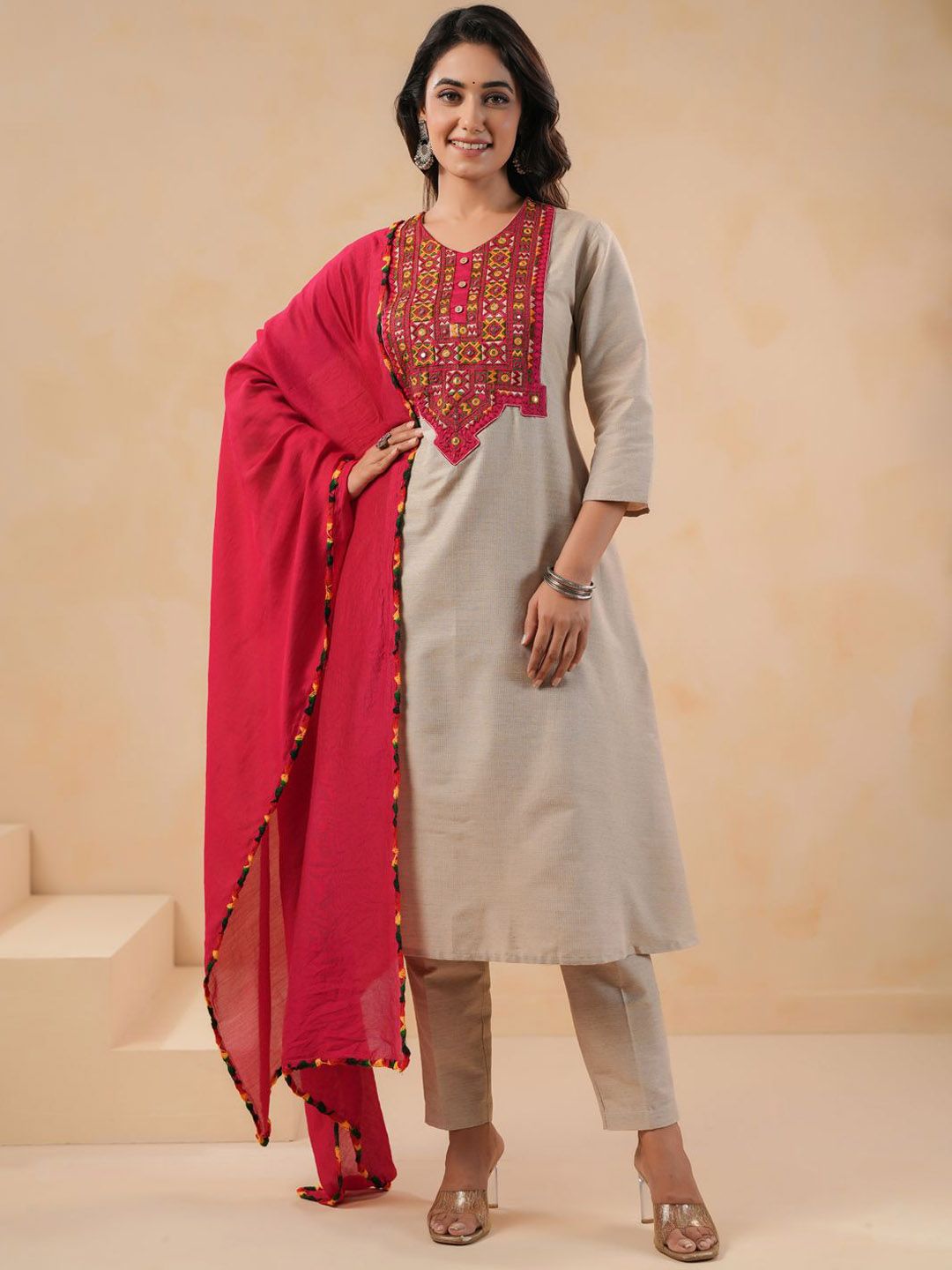 Span Geometric Yoke Design Thread Work Pure Cotton A-Line Kurta With Trouser And Dupatta