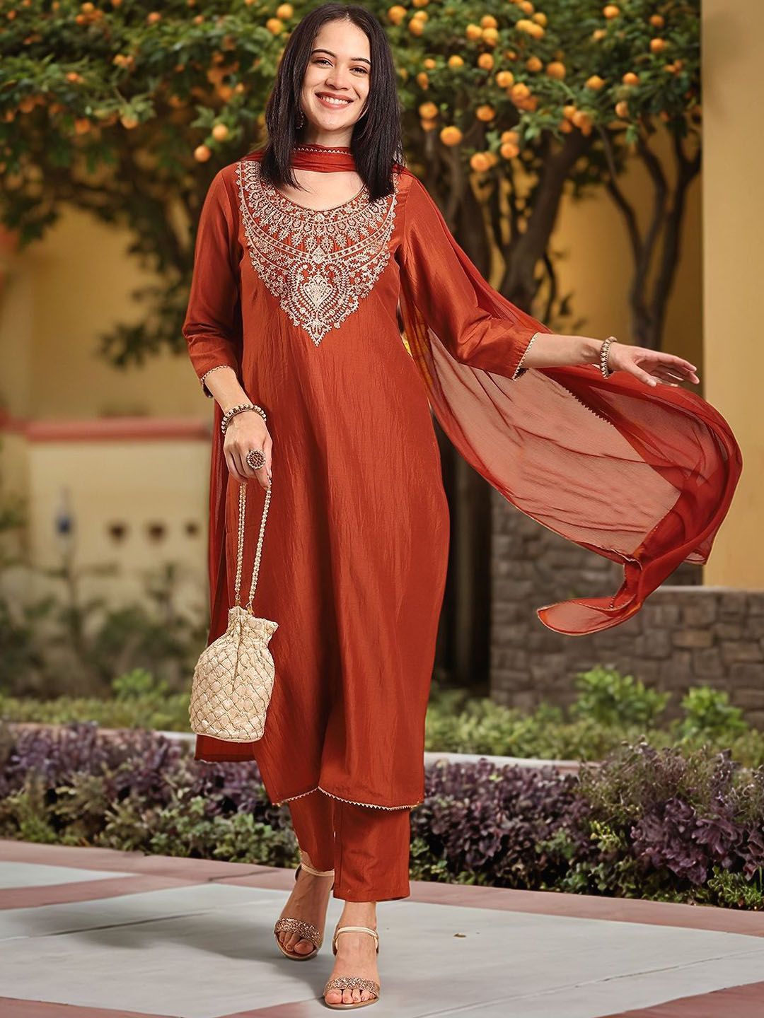 Aaghnya Floral Yoke Design Round Neck Thread Work Kurta with Trouser & Dupatta