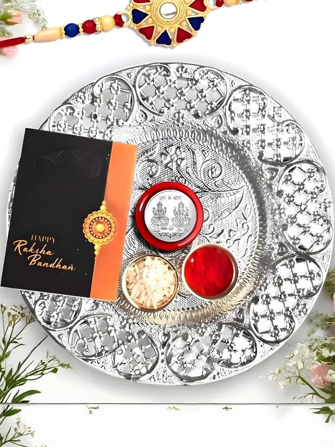Rakhi Combo with Silver Color Pooja Thali, Pooja Coin, Roli Chawal & Greeting Card-image-27