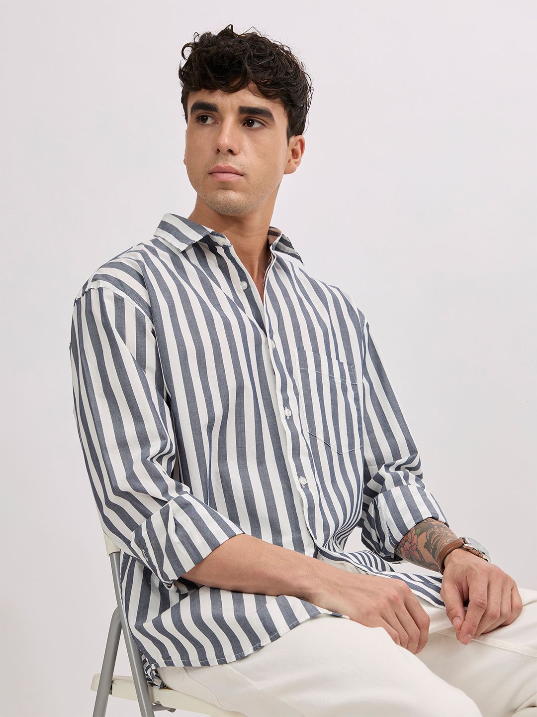 Espanshe Vertical Striped Long Sleeves Pure Cotton Oversized Shirt-picture-36