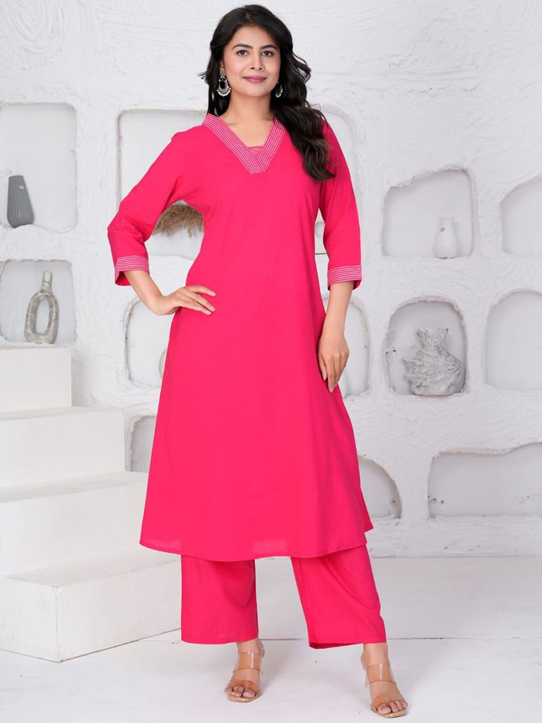 JALTHER Women Solid Cotton Kurta with Palazzo