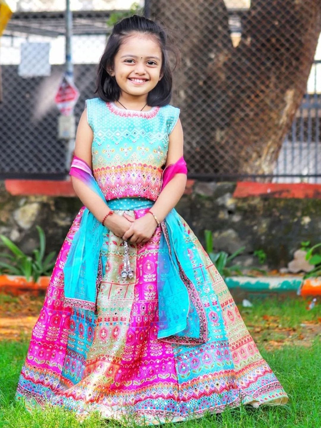 BAESD Girls Printed Mirror Work Tie and Dye Ready to Wear Lehenga & Blouse With Dupatta-picture-17