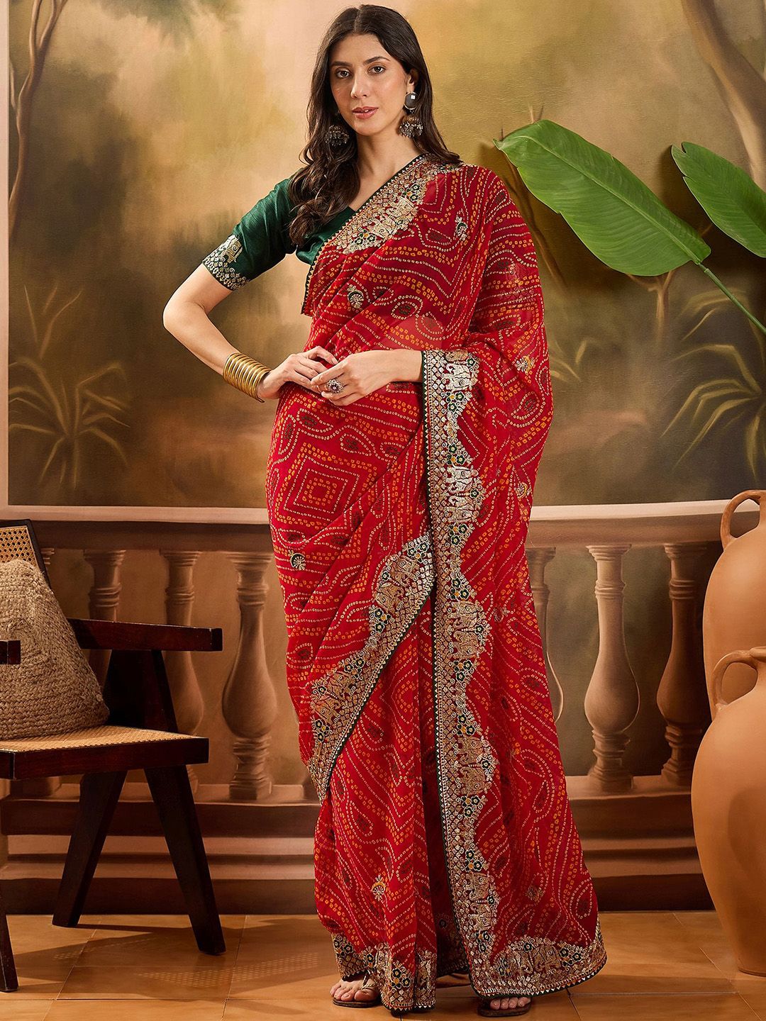 Burgundy Bandhani Printed Silk Blend Saree With Unstitched Blouse Piece