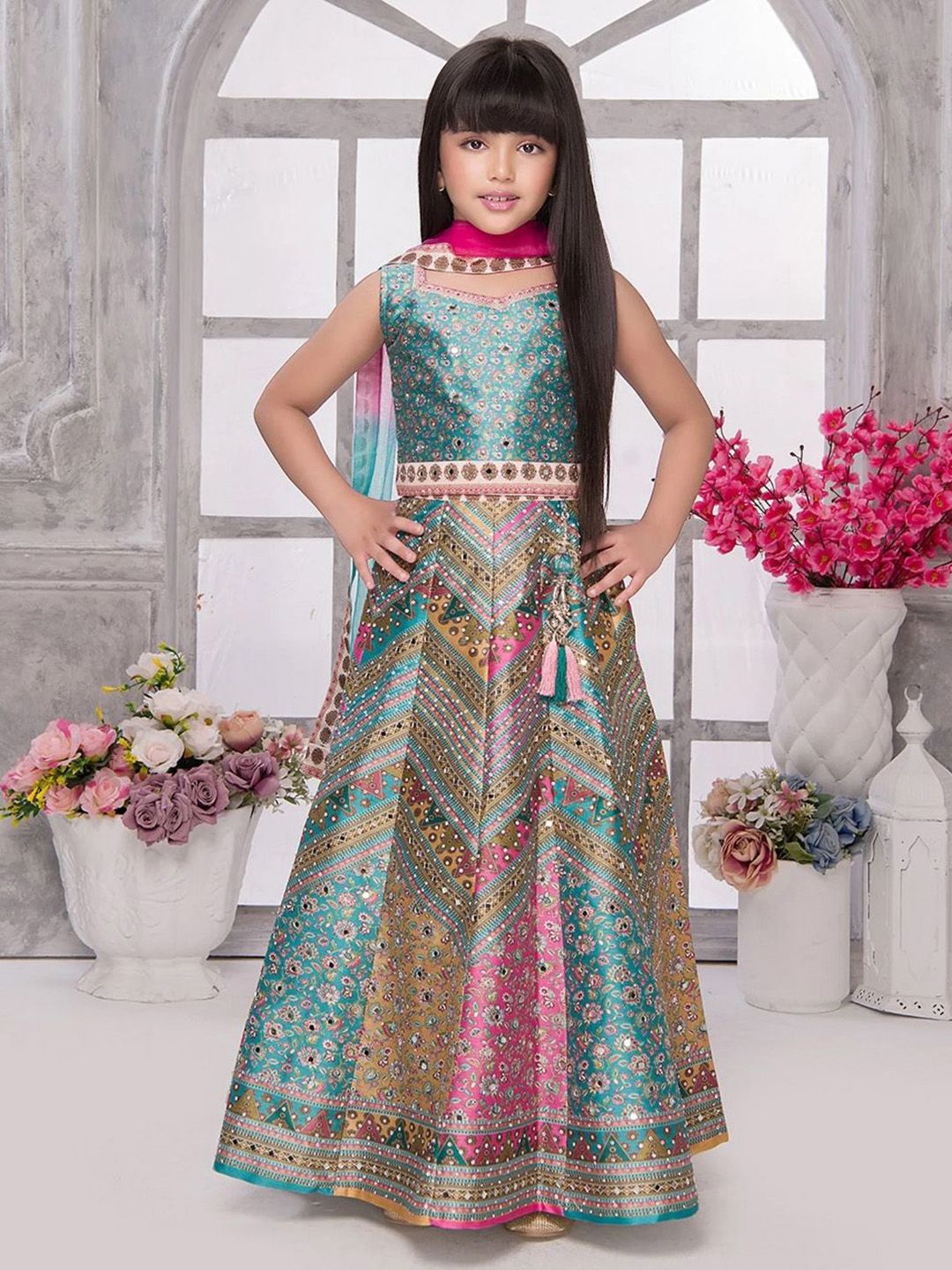 JAY NAGNATH FAB Girls Printed Mirror Work Ready to Wear Lehenga & Blouse With Dupatta-image-16