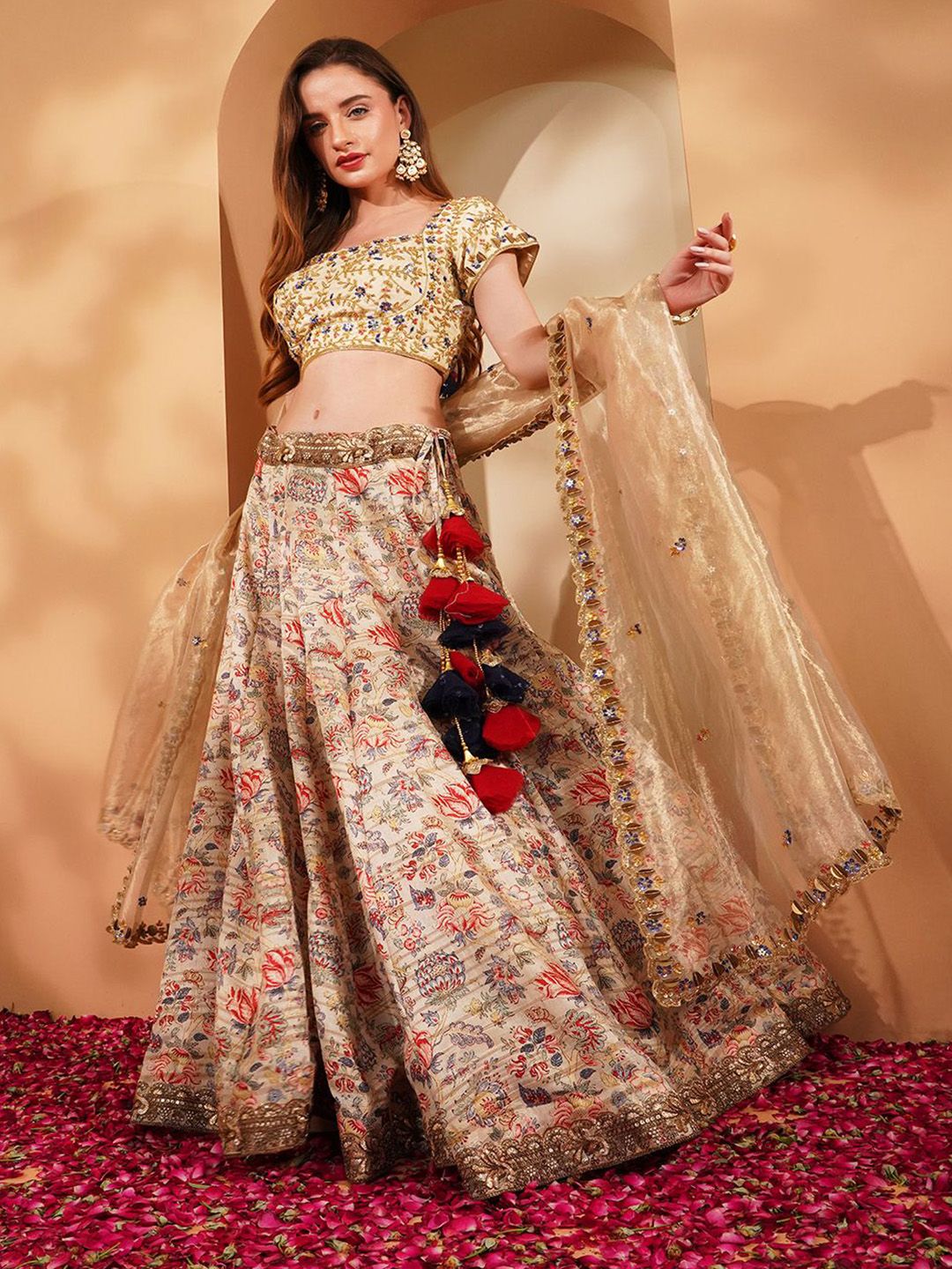 MILU MADAN Floral Embroidered Beads & Stones Lehenga & Blouse With Dupatta-image-32