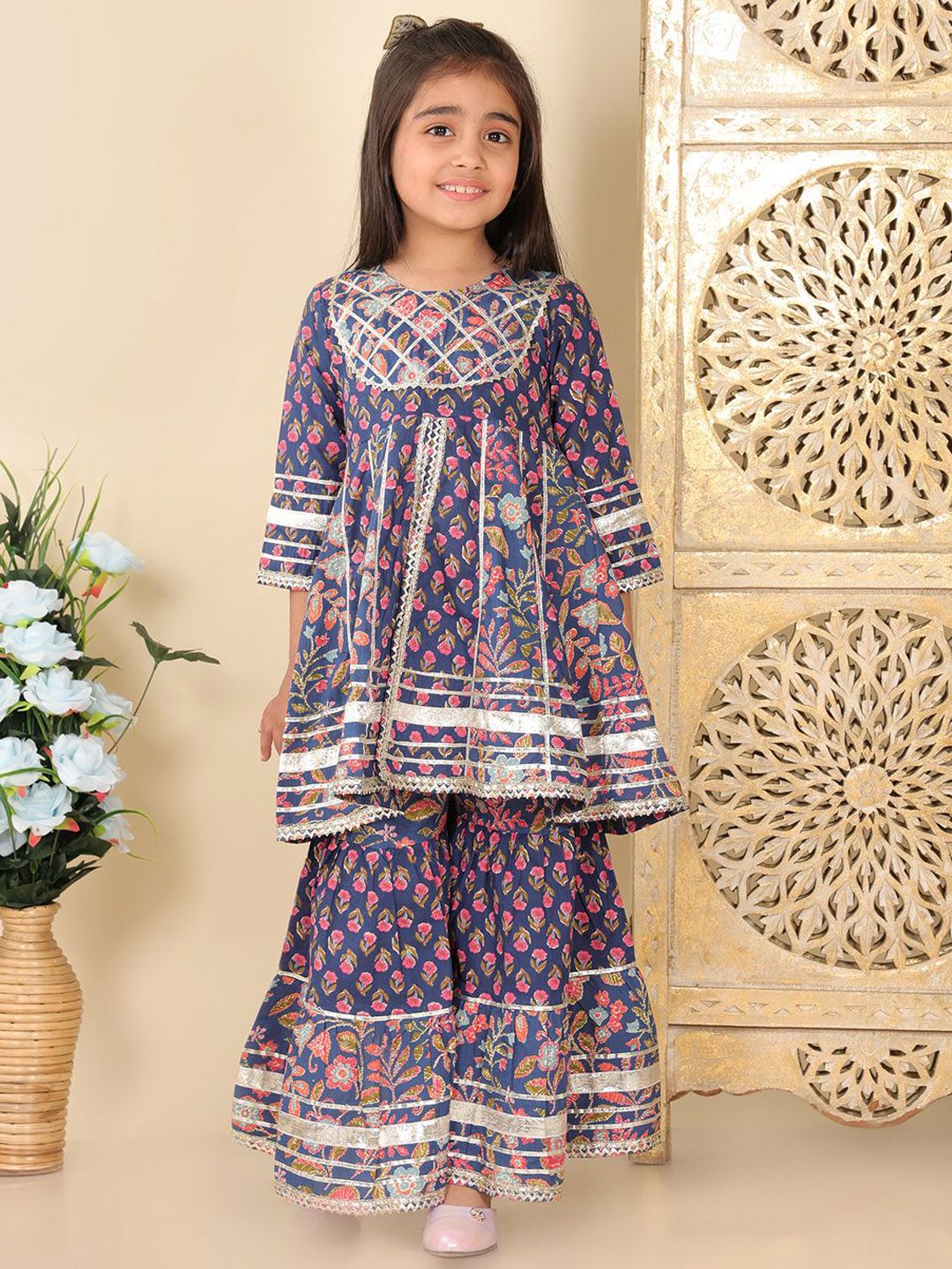 Superminis Girls Floral Embroidered High Slit Thread Work Pure Cotton Kurti with Sharara-picture-10