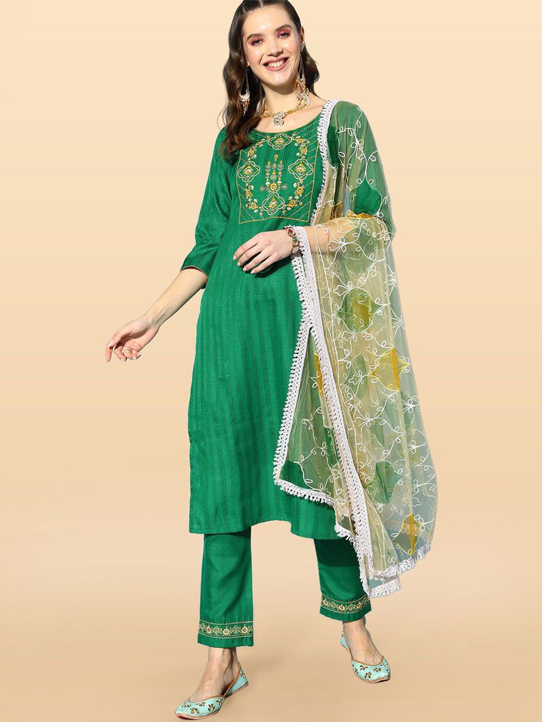 Anouk Rustic Women Floral Embroidered Regular Sequinned Kurta with Trousers & With Dupatta-picture-30