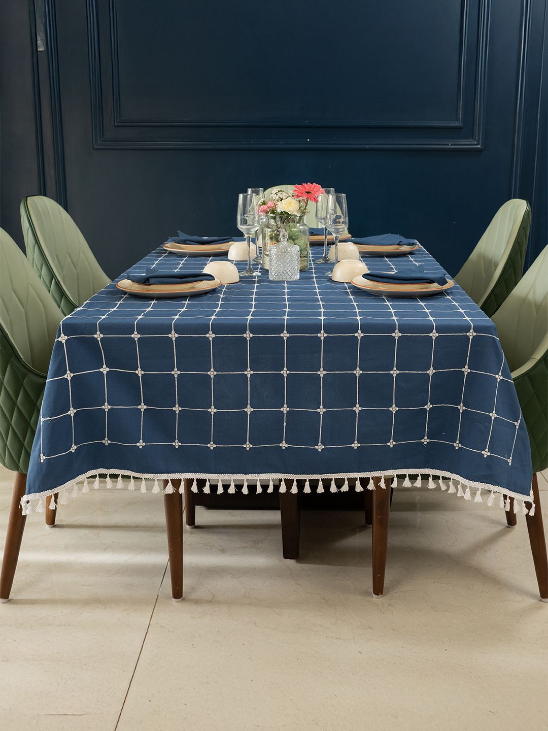 URBAN SPACE Blue Geometric Printed Embroidered Cotton Anti-Slip 4-Seater Table Cover-picture-15