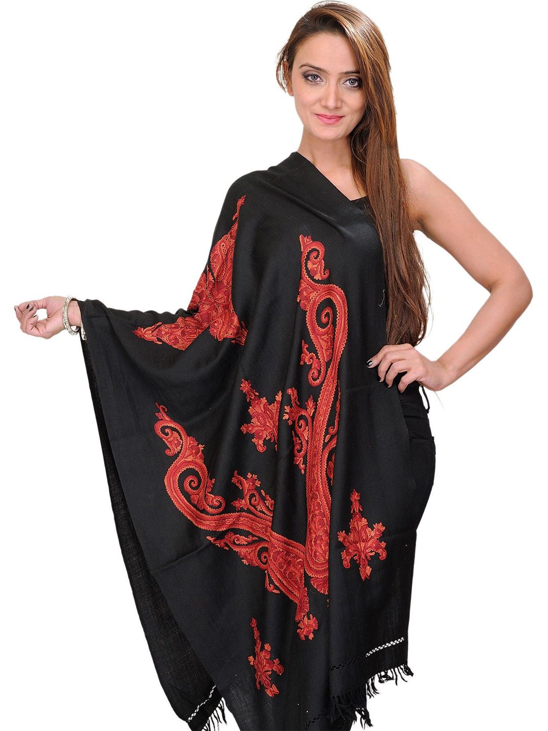 Exotic India Paisley Embroidered Aari Work Pure Wool Shawl-picture-20