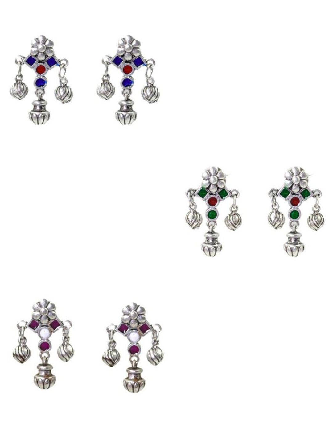NAMAN ARTS Set Of 3 Silver-Plated Artificial Stones Studded Floral Meenakari Drop Earrings-picture-18