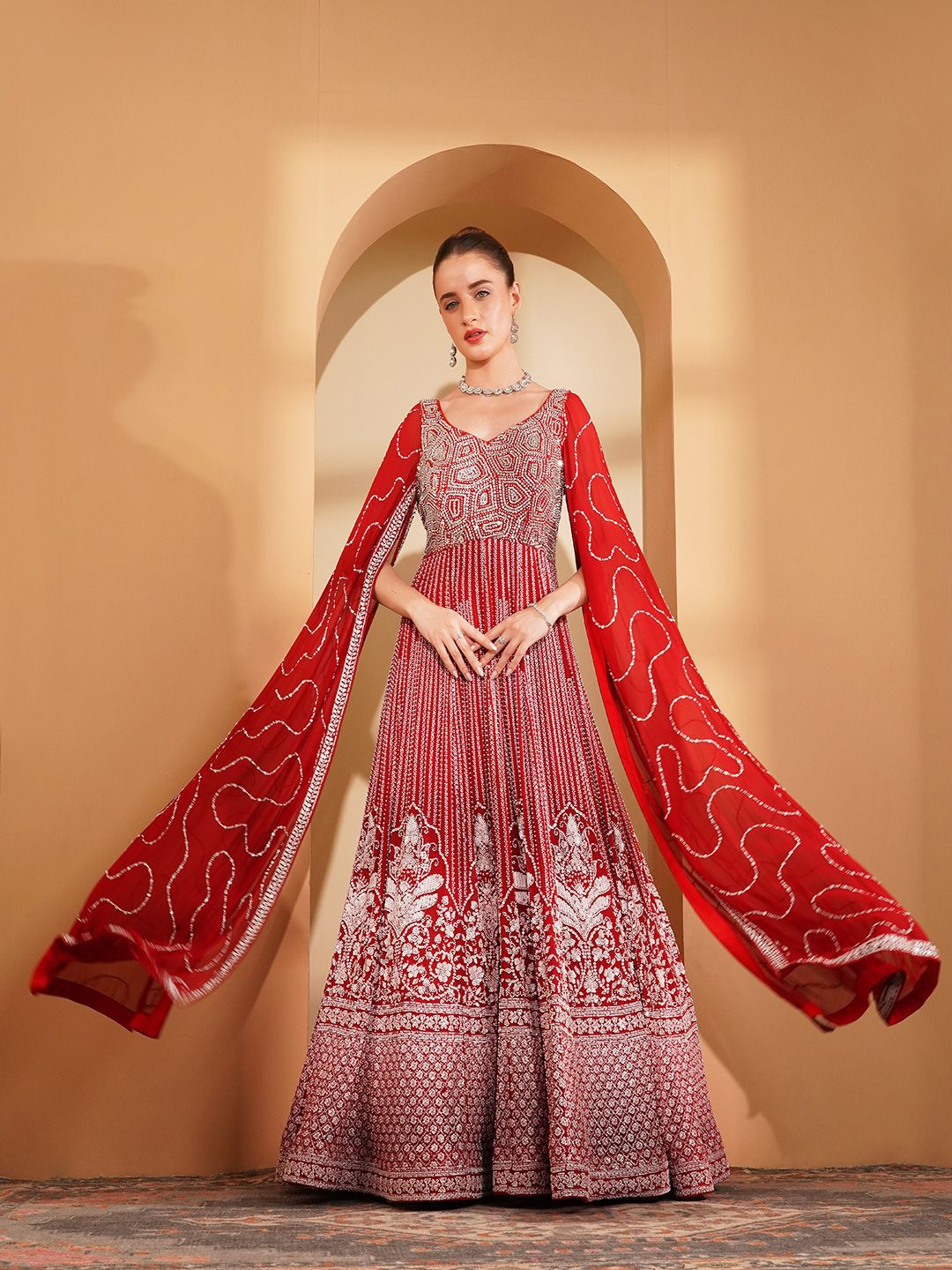 MILU MADAN Women Embroidered Flared Sleeve Georgette Gown Maxi Ethnic Dress-image-44