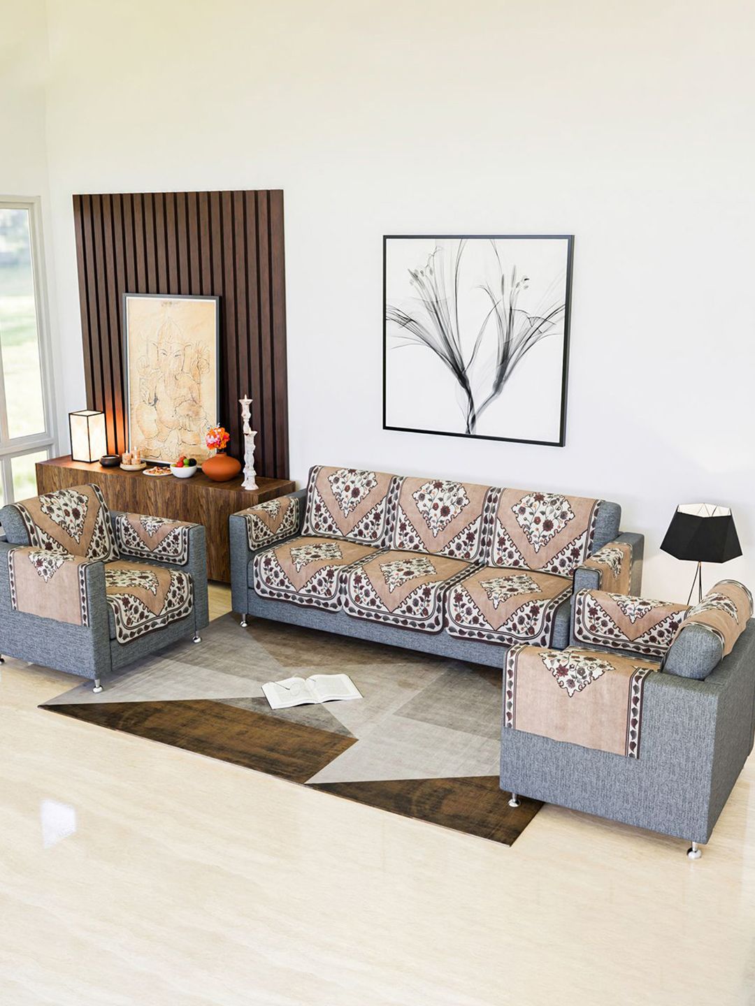 Kuber Industries Brown & White 16 Pieces Printed Cotton 5 Seater Sofa Cover With Arms-picture-27