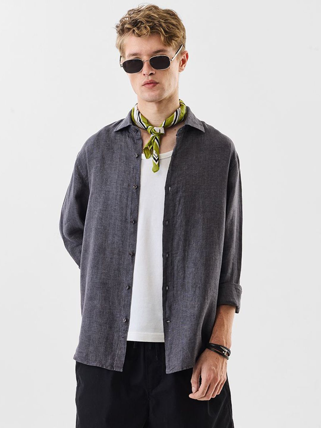 Snitch Men Textured Spread Collar Linen Formal Shirt-picture-19