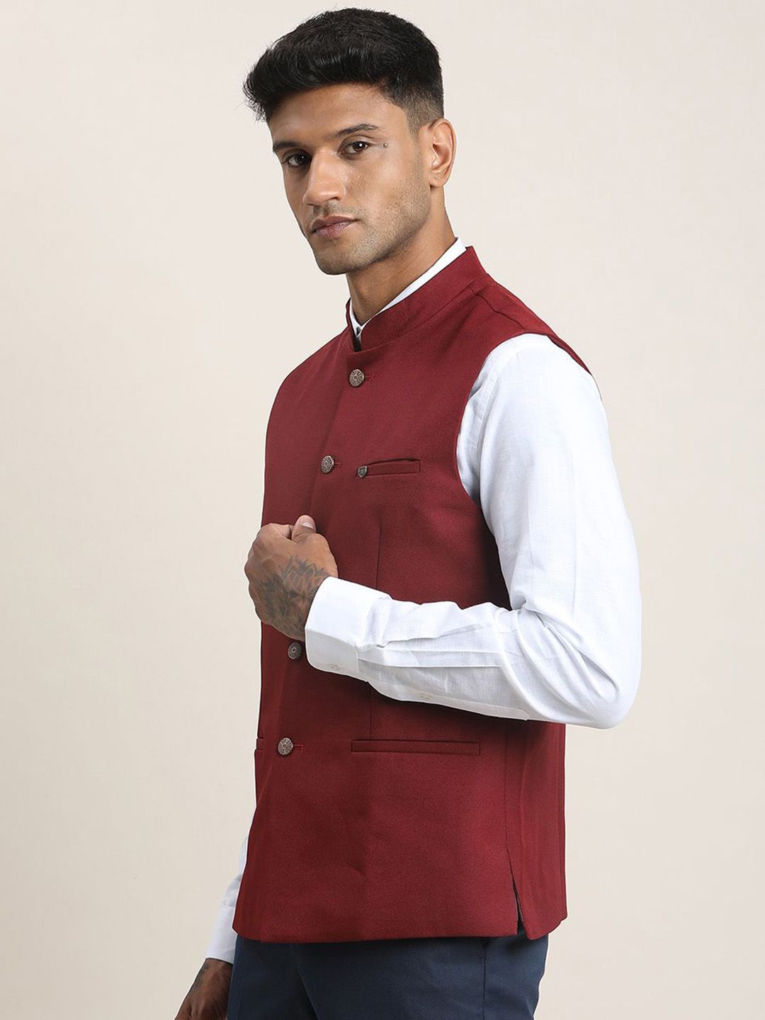 Turtle Woven Mandarin Collar Pure Cotton Nehru Jacket-picture-28