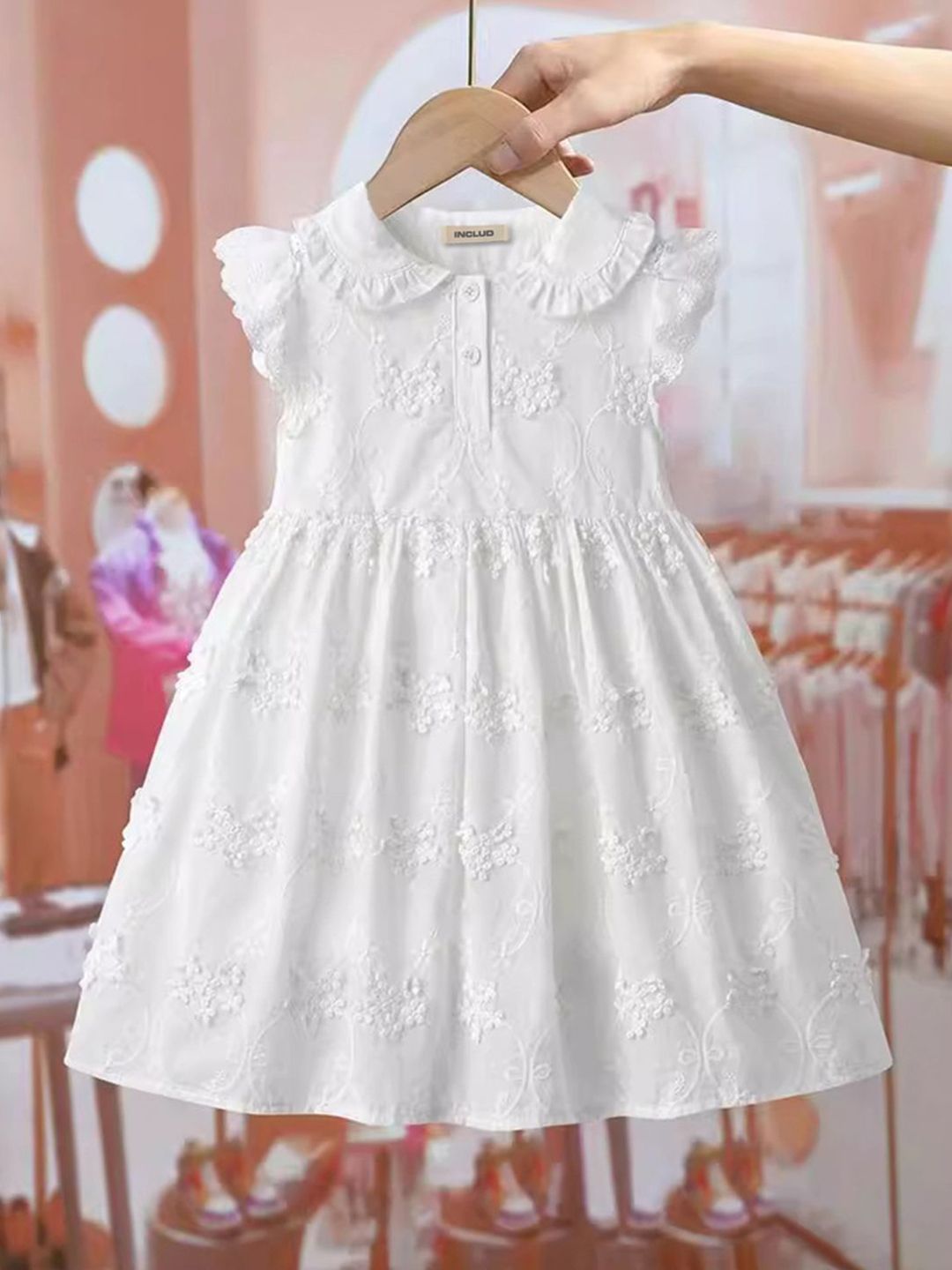 INCLUD Girls Embroidered Peter Pan Collar Flutter Sleeve Fit & Flare Dress-picture-24