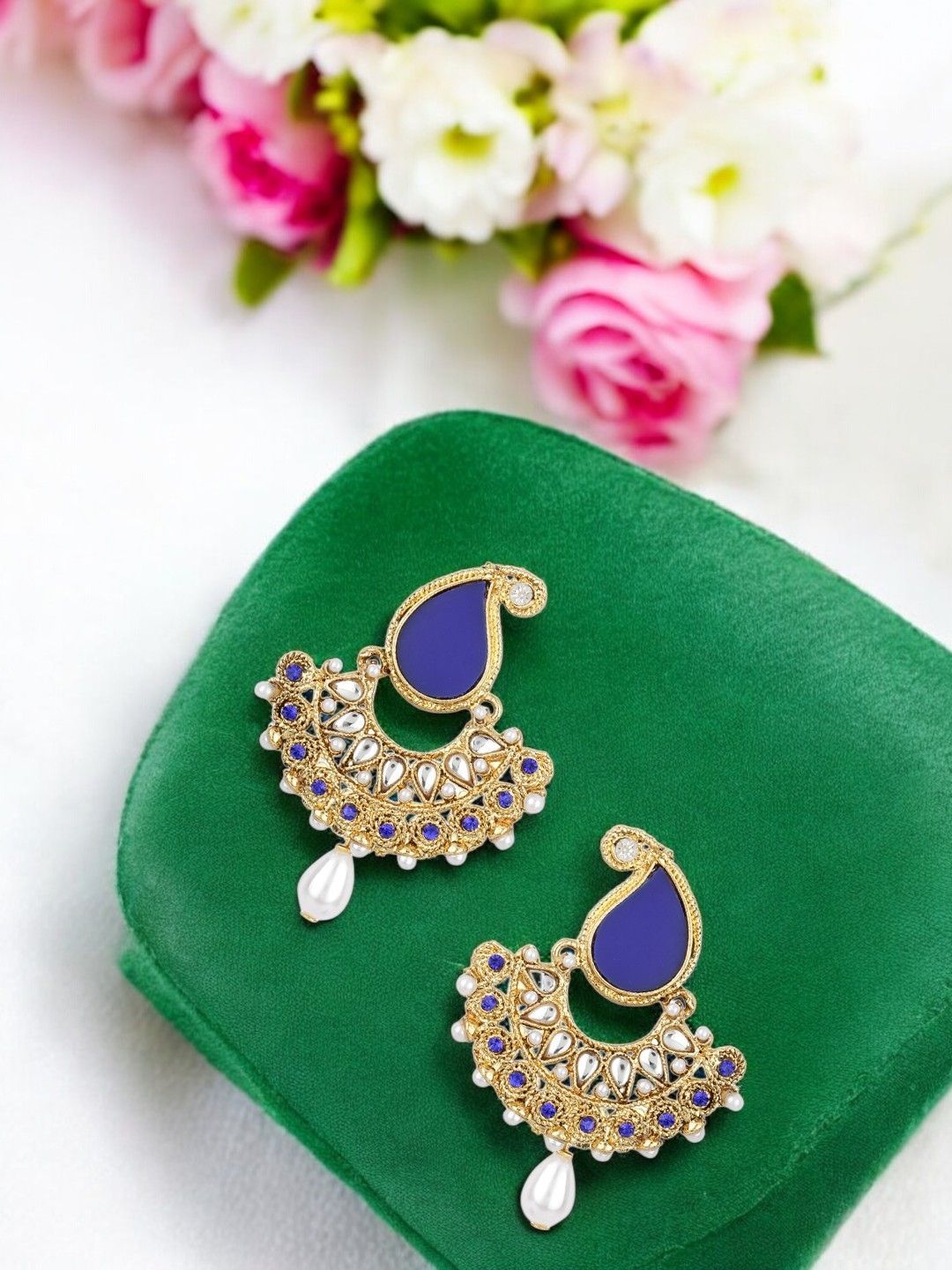 ANIKAS CREATION Gold-Plated Artificial Stones Studded Paisley Shaped Drop Earrings-picture-30