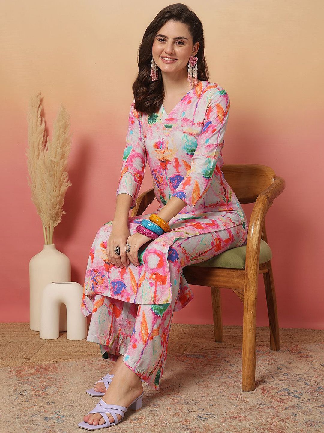 Anouk Rustic Abstract Printed V-Neck Straight Kurta With Palazzos