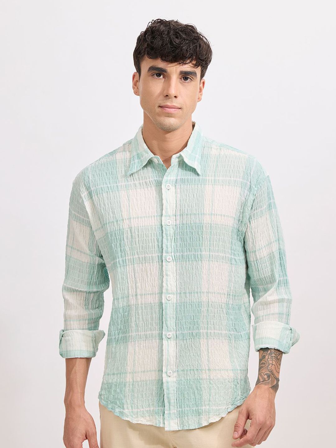 Espanshe Checked Casual Seersucker Cotton Shirt-picture-13