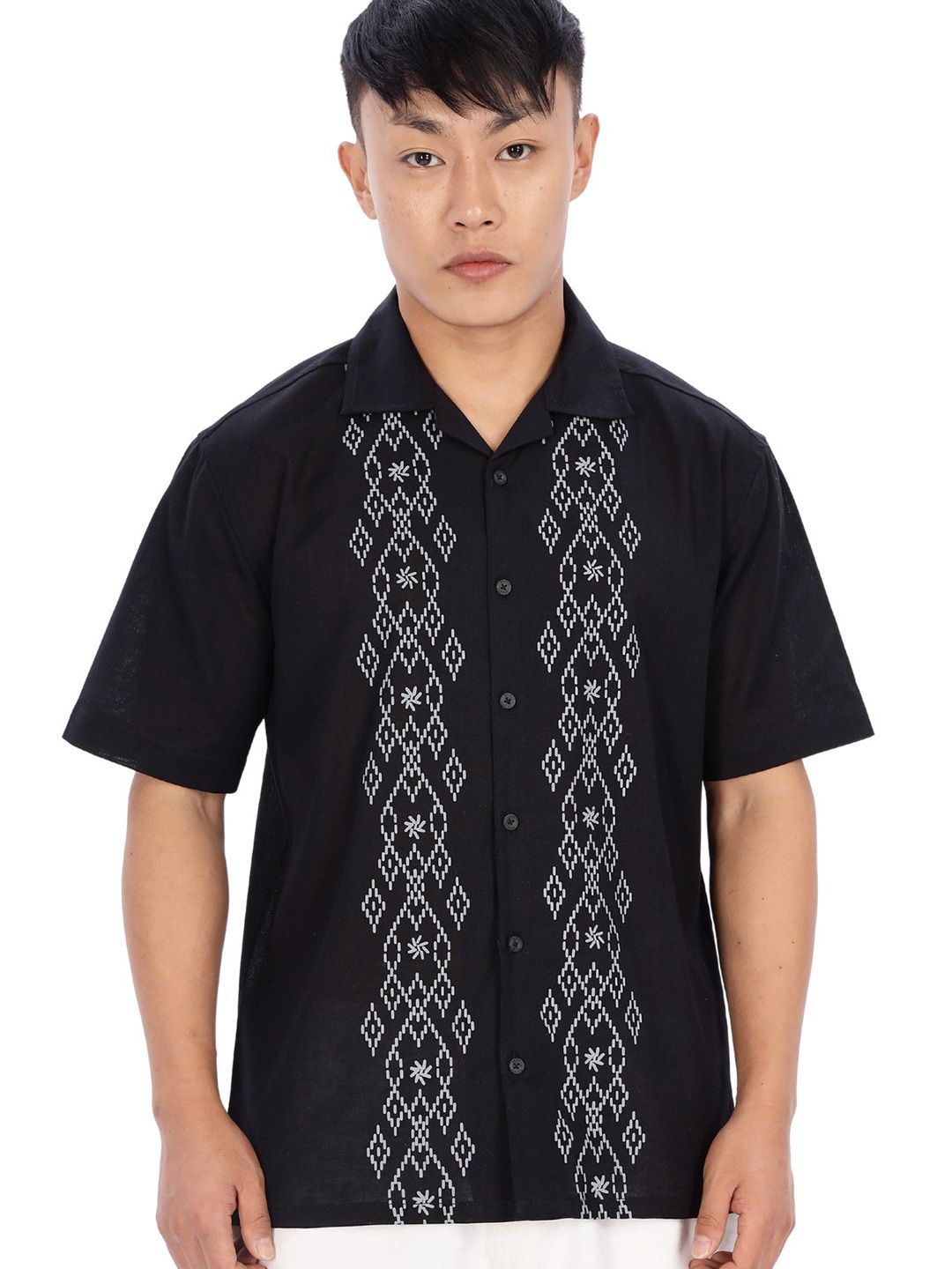 Eszett Trendsetting Boxy Fit Ethnic Motifs Printed Cuban Collar Linen Shirt-picture-40