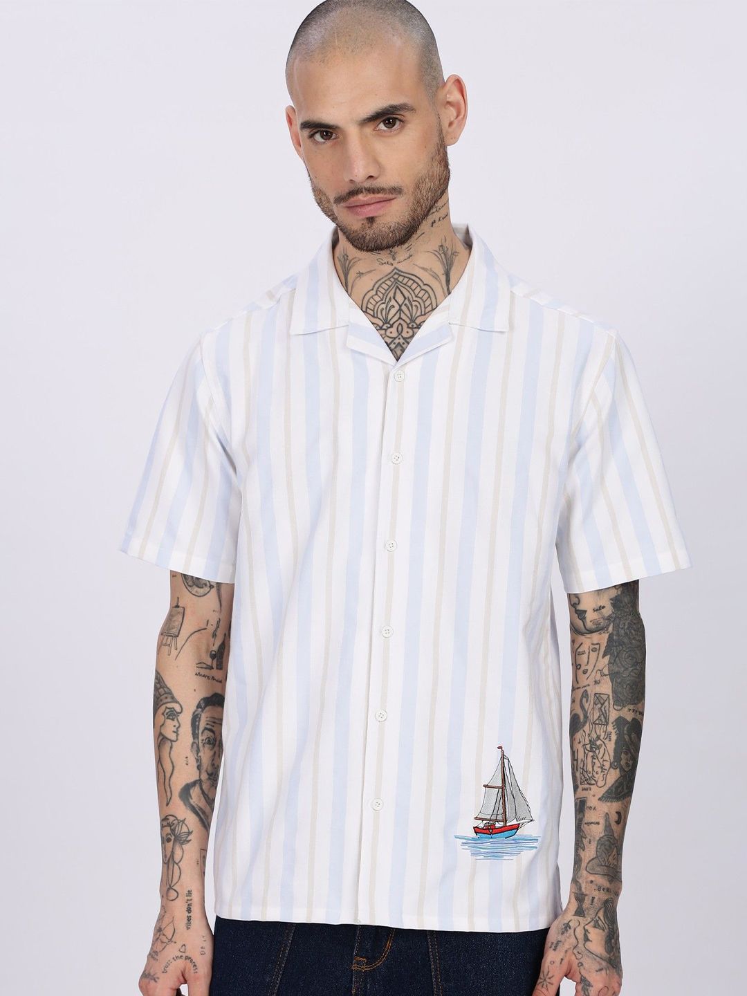 Eszett Striped Cuban Collar Cotton Shirt-picture-18