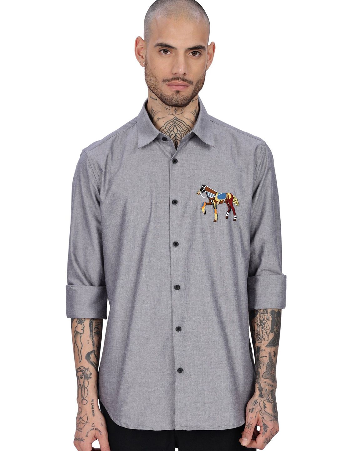 Eszett Abstract Horse Embroidered Spread Collar Cotton Casual Shirt-picture-26