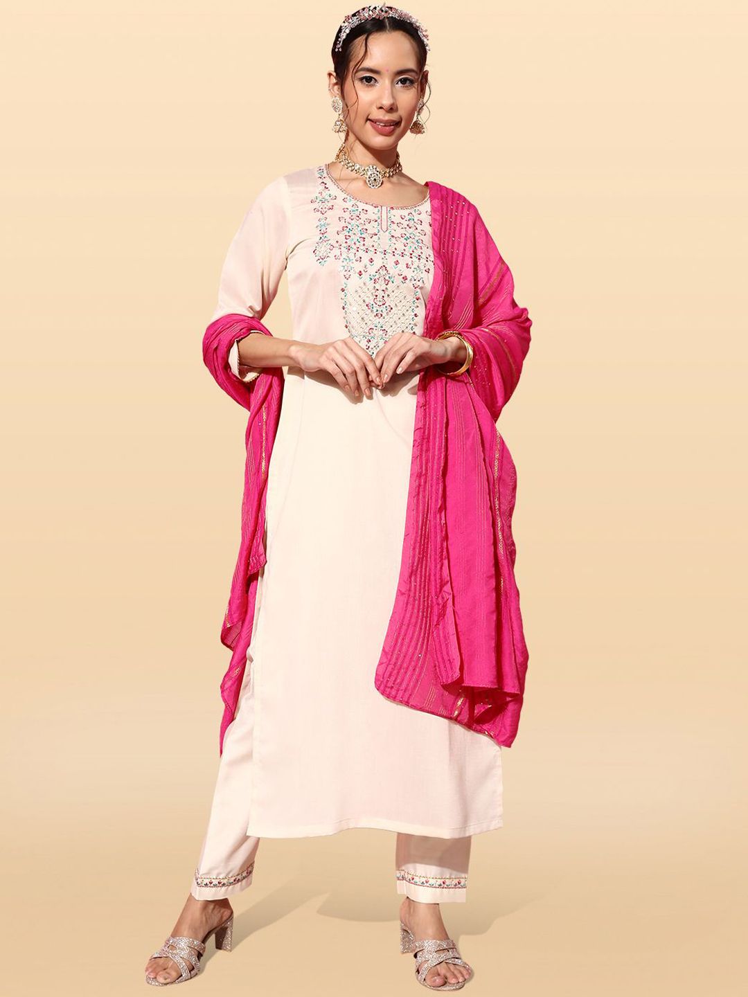 Anouk Rustic Floral Yoke Design Thread Work Straight Kurta With Trousers With Dupatta