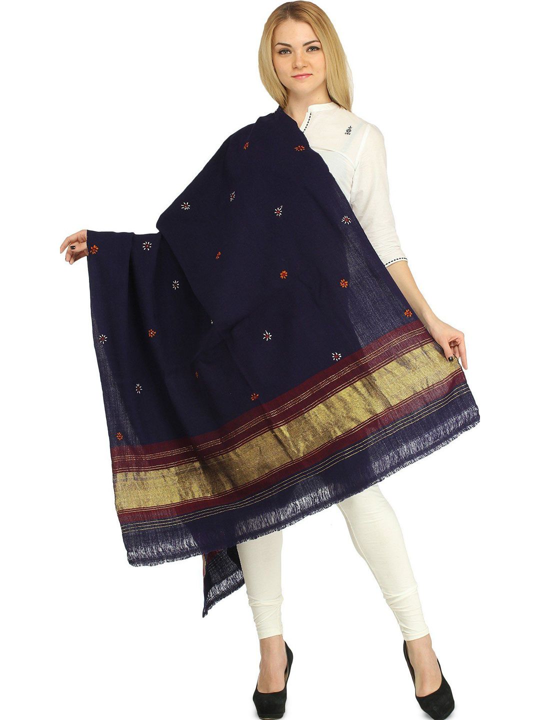 Exotic India Women Floral Embroidered Pure Wool Shawl-picture-17