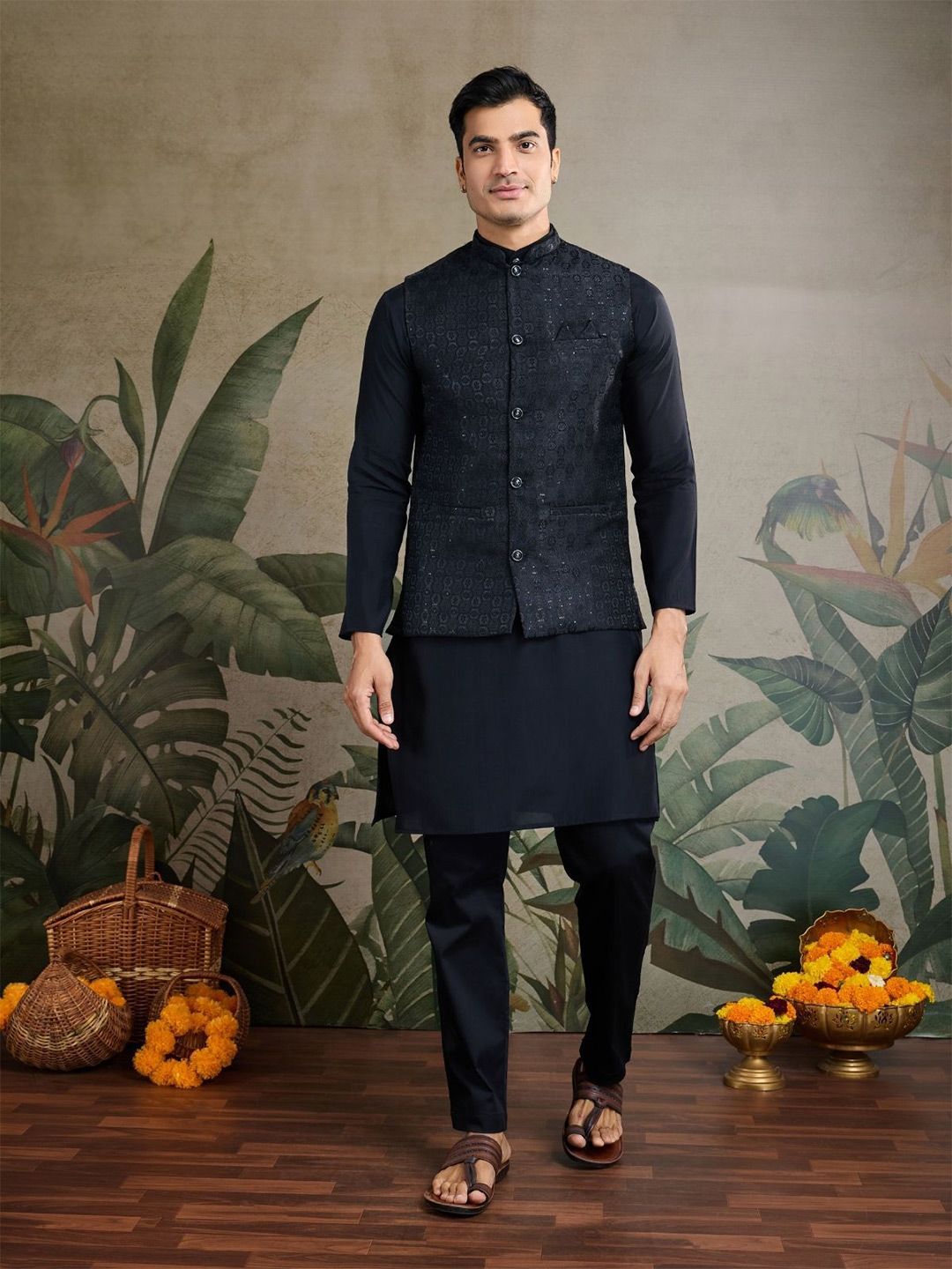 ODETTE Men Black Viscose Silk Woven Stitched Kurta With Jucket-picture-14