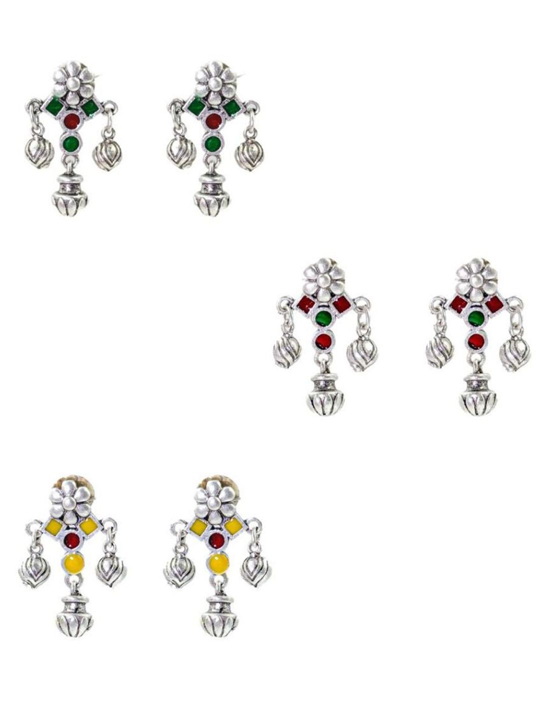 NAMAN ARTS Set Of 3 Silver-Plated Artificial Stones Studded Floral Meenakari Drop Earrings-picture-22