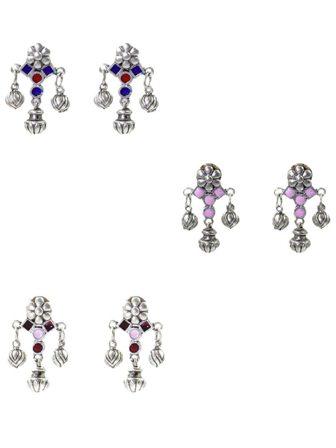 NAMAN ARTS Set Of 3 Silver-Plated Artificial Stones Studded Floral Meenakari Drop Earrings-picture-25