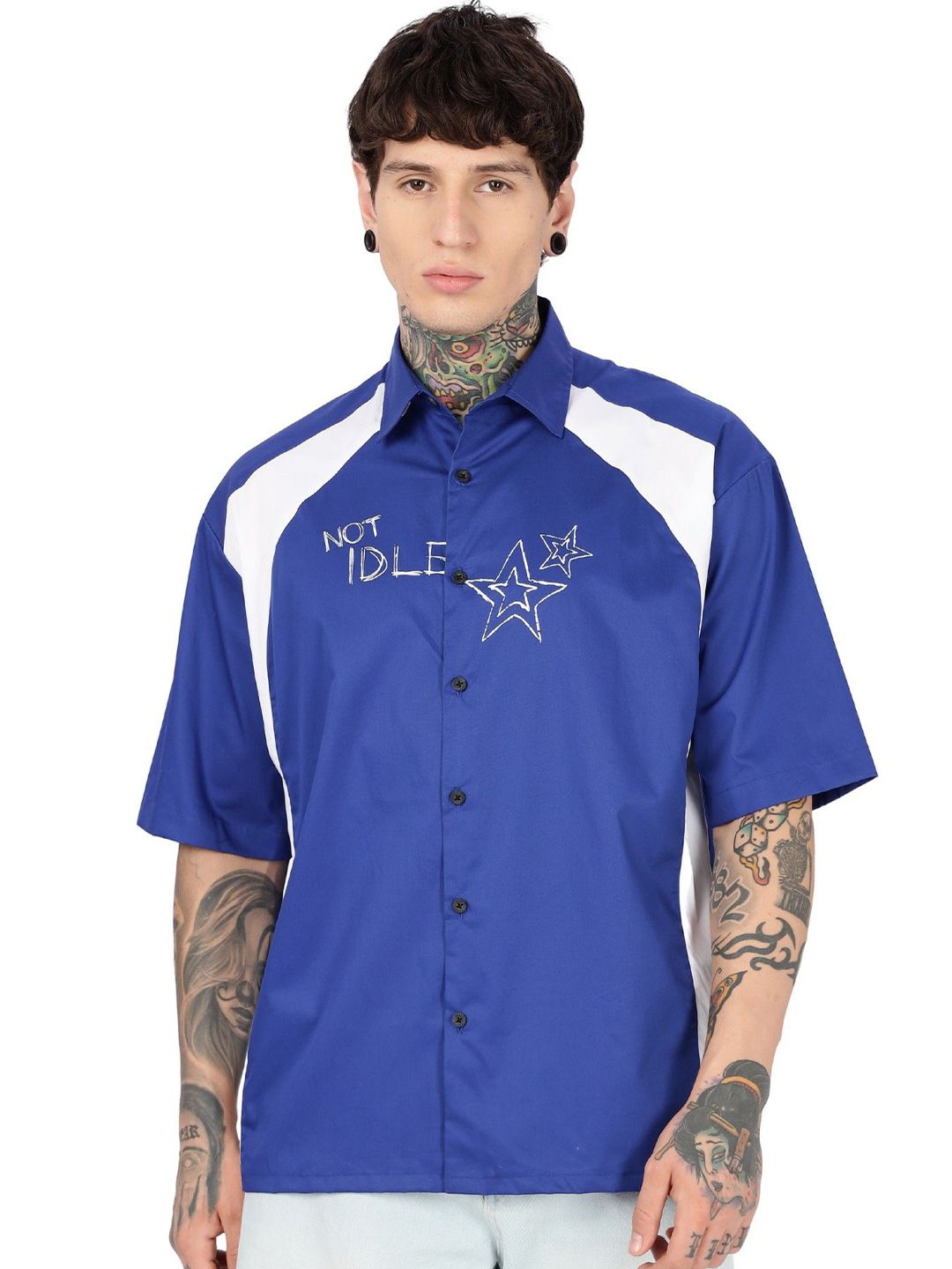 Eszett Not Idle Oversized Colorblocked Cuban Collar Cotton Shirt-picture-37