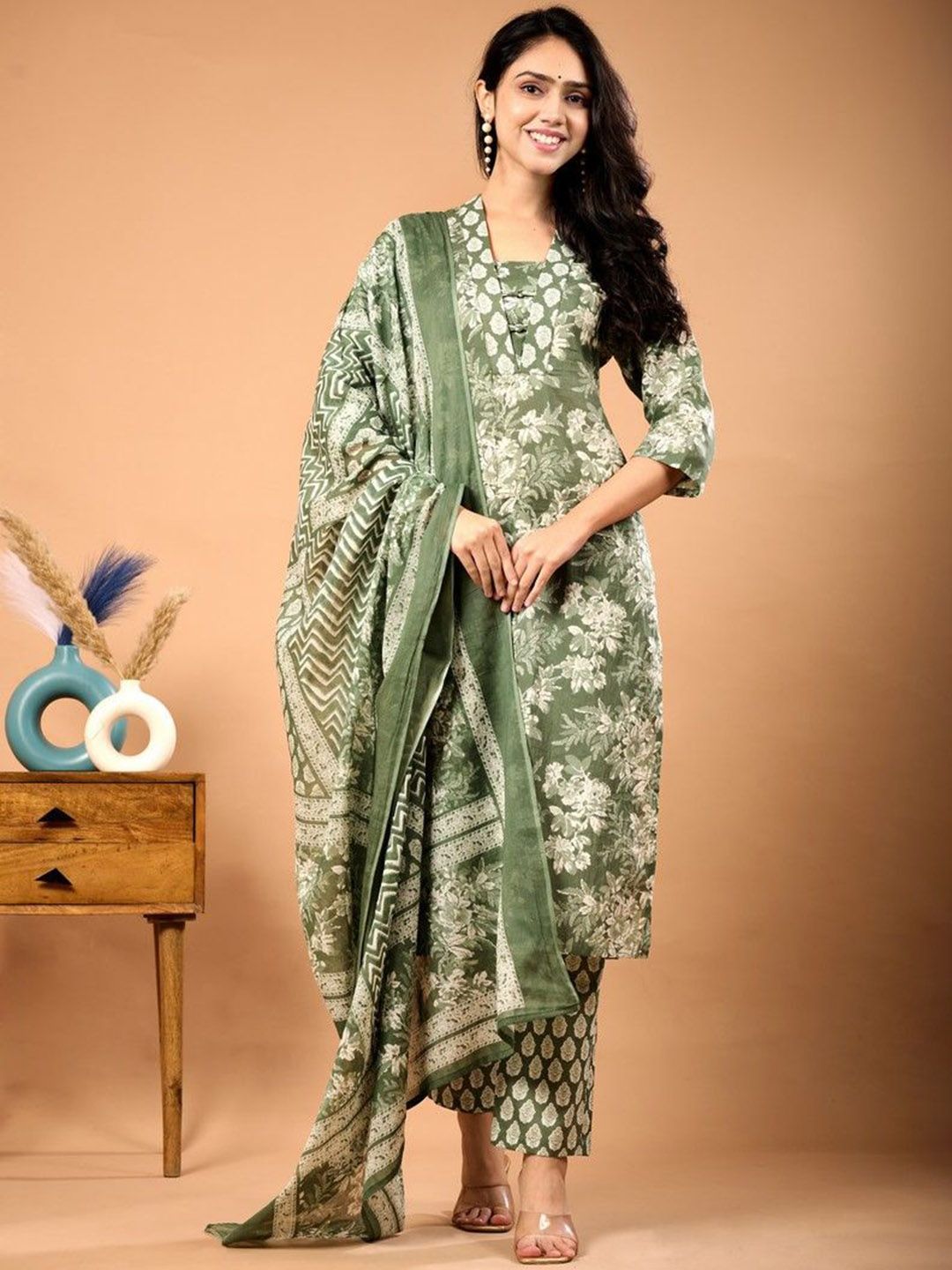 NAMA'S Women Floral Printed Cotton Kurta with Palazzo & Dupatta