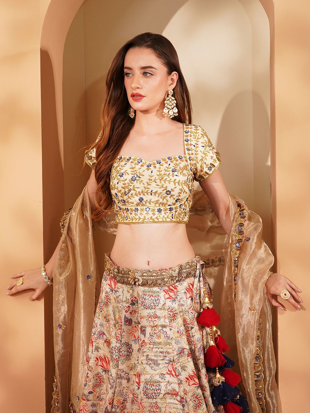 MILU MADAN Floral Embroidered Beads & Stones Lehenga & Blouse With Dupatta-image-28