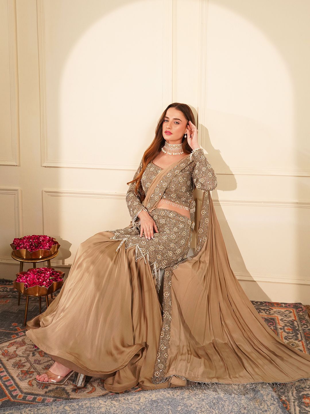 MILU MADAN Embellished Beads and Stones Organza Lehenga Saree-image-21