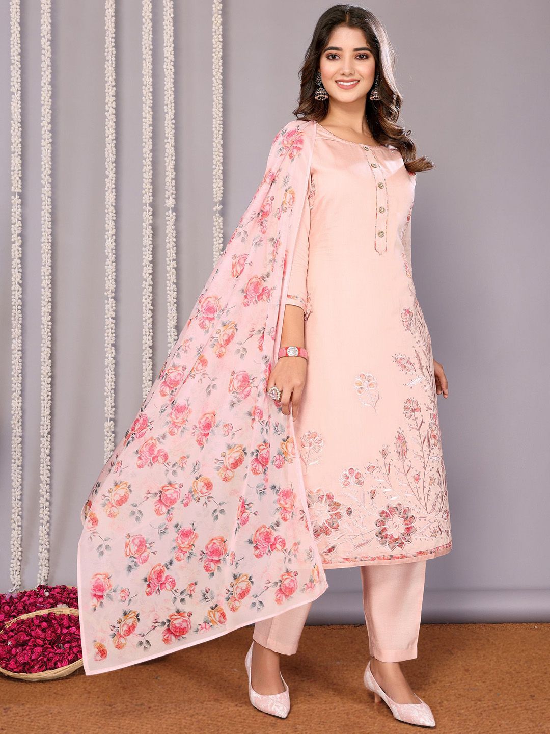 Royal Export Floral Printed Chanderi Cotton Straight Kurta With Trousers And Dupatta